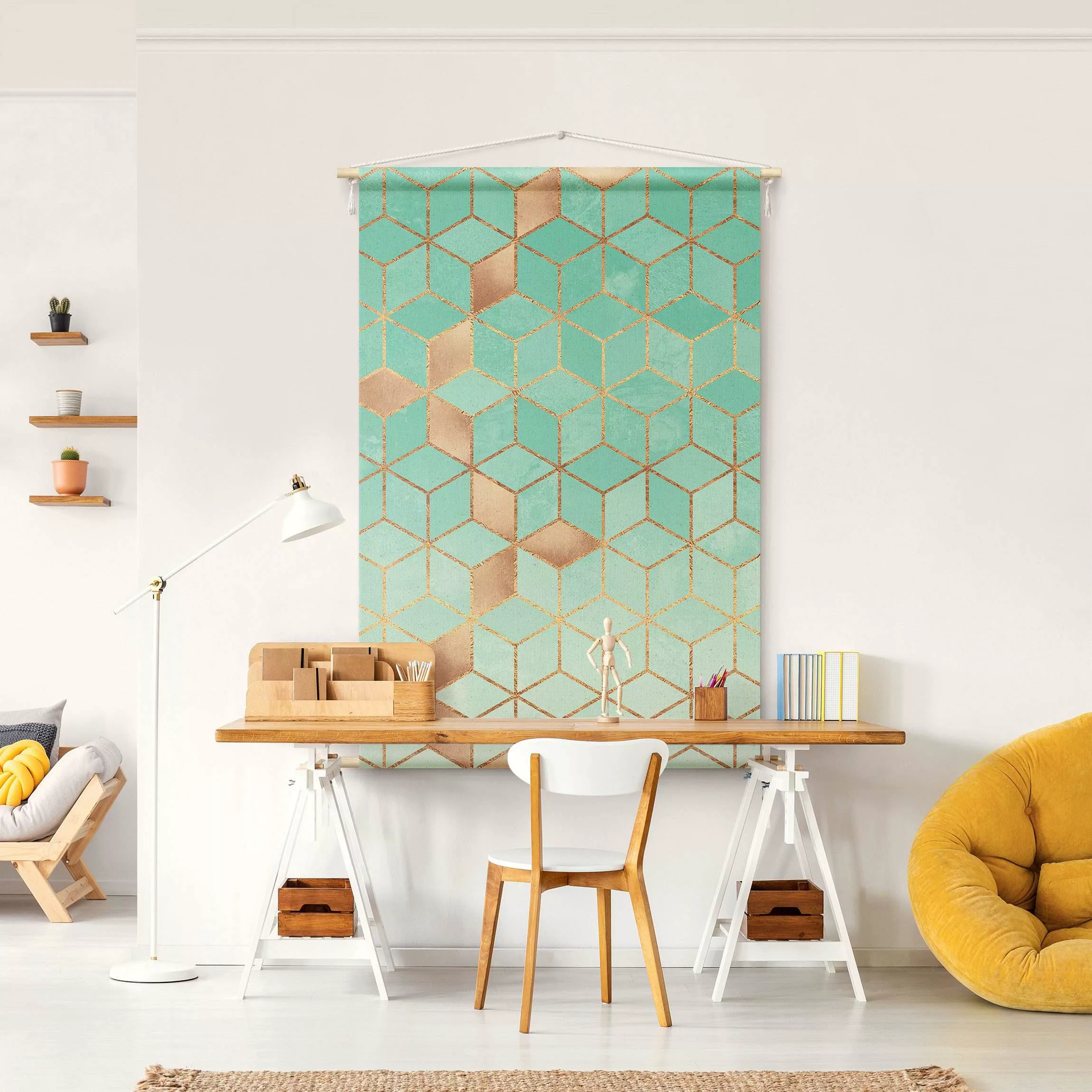 Wandteppich Türkis Weiß goldene Geometrie günstig online kaufen