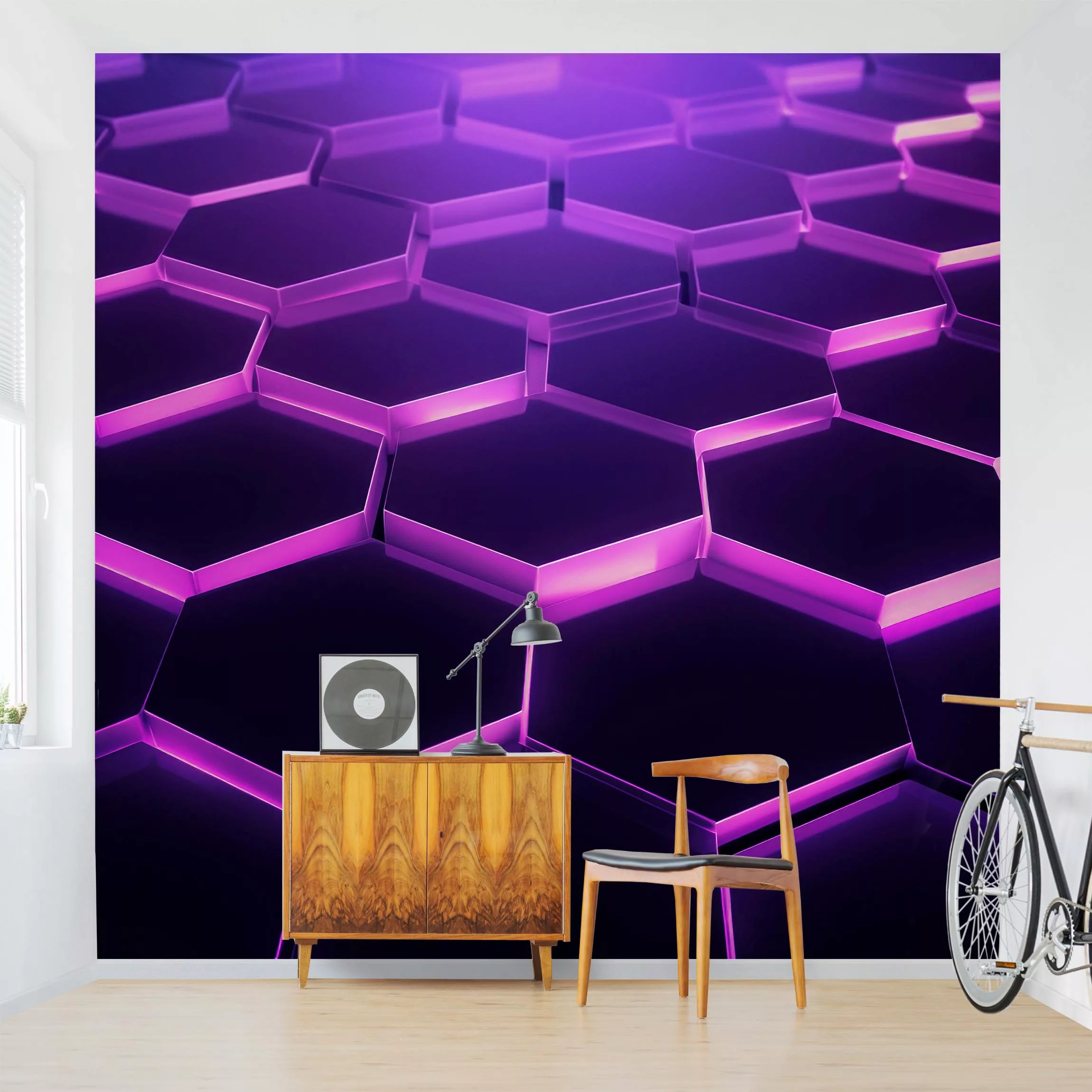 Fototapete Hexagone mit Neonlicht in Lila günstig online kaufen
