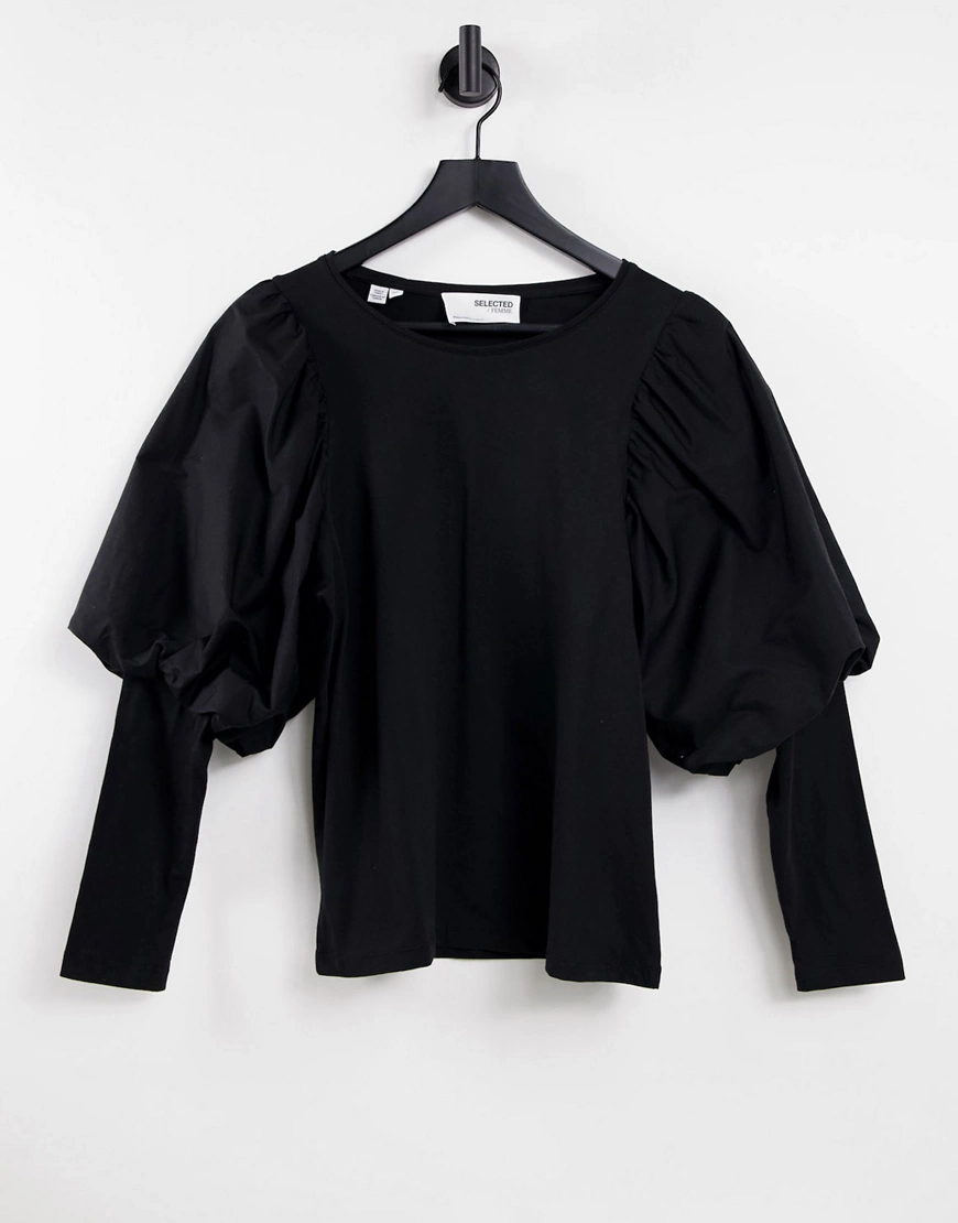 Selected Femme – Langärmliges Shirt aus Bio-Baumwollmix in Schwarz mit weit günstig online kaufen