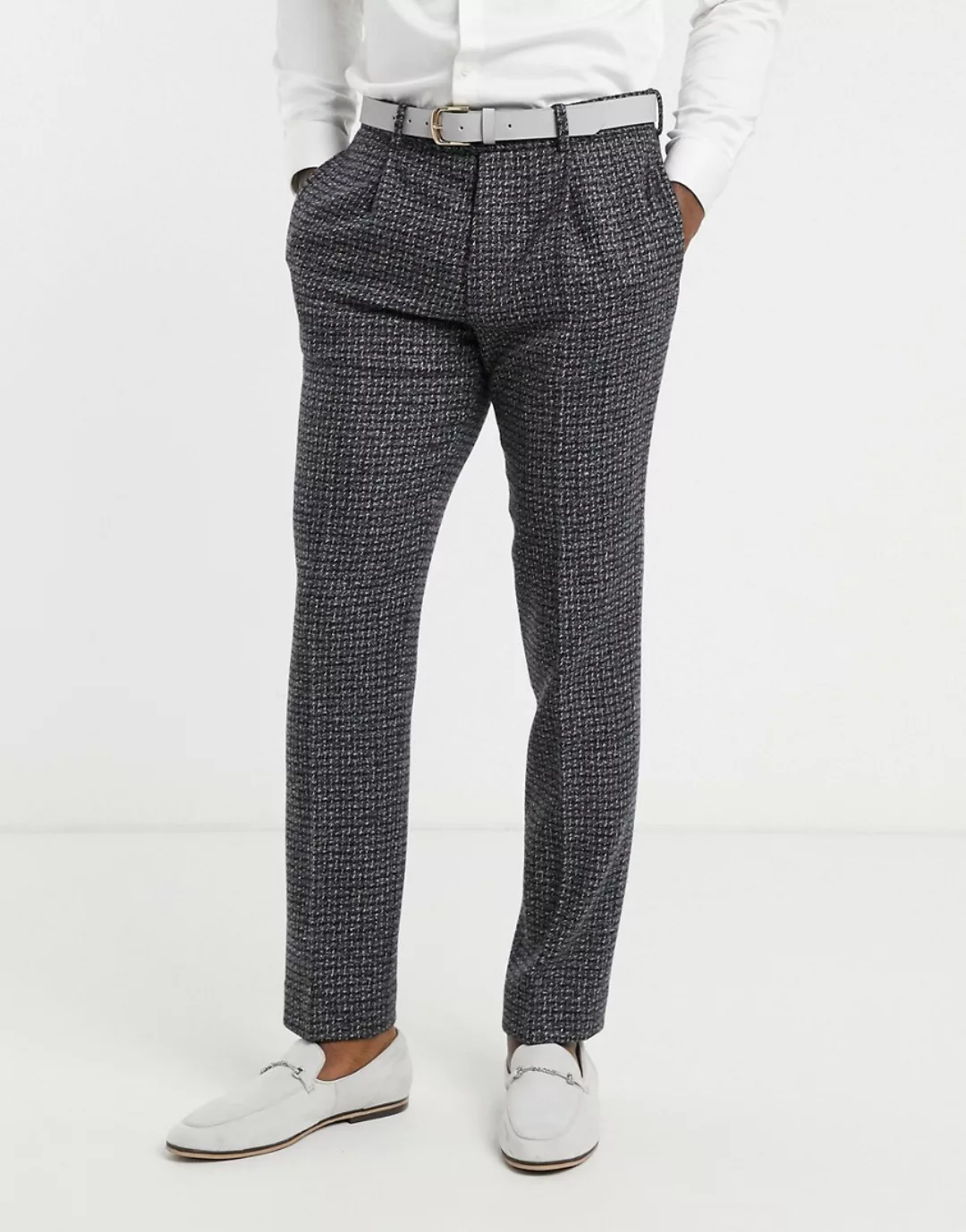 ASOS DESIGN – Schmale Tweed-Anzughose aus 100% Lammwolle in Blau und Grau günstig online kaufen