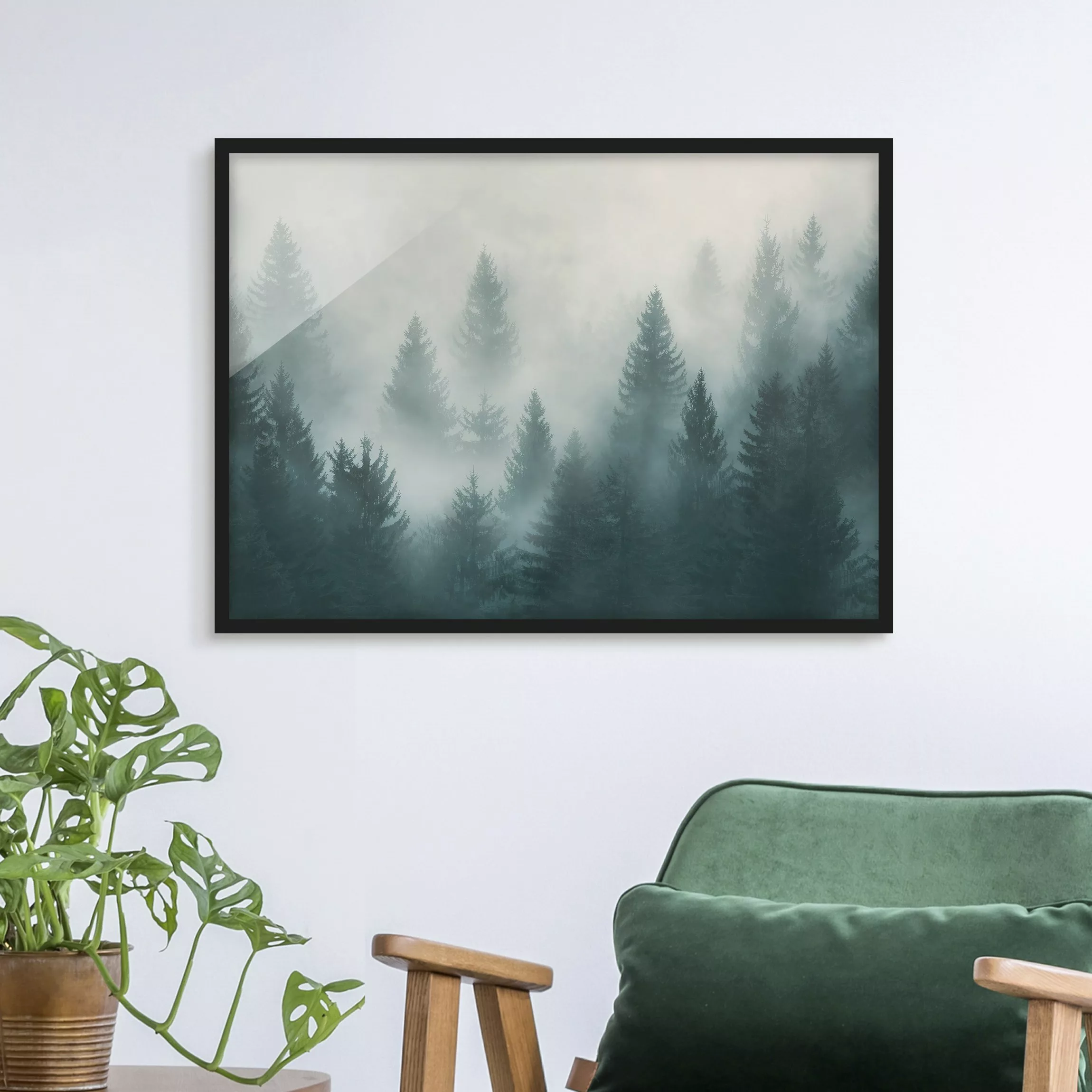 Wald Bild mit Rahmen Nadelwald im Nebel günstig online kaufen
