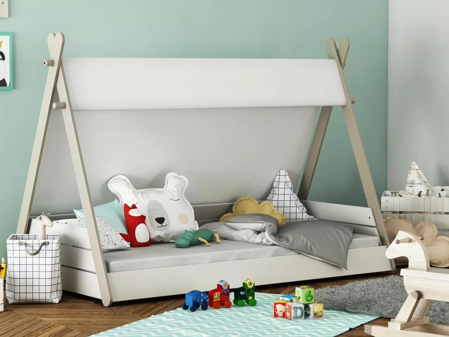 möbelando Kinderbett Tulsa, Modernes Kinderbett aus MDF in Perlweiß/Maulwur günstig online kaufen