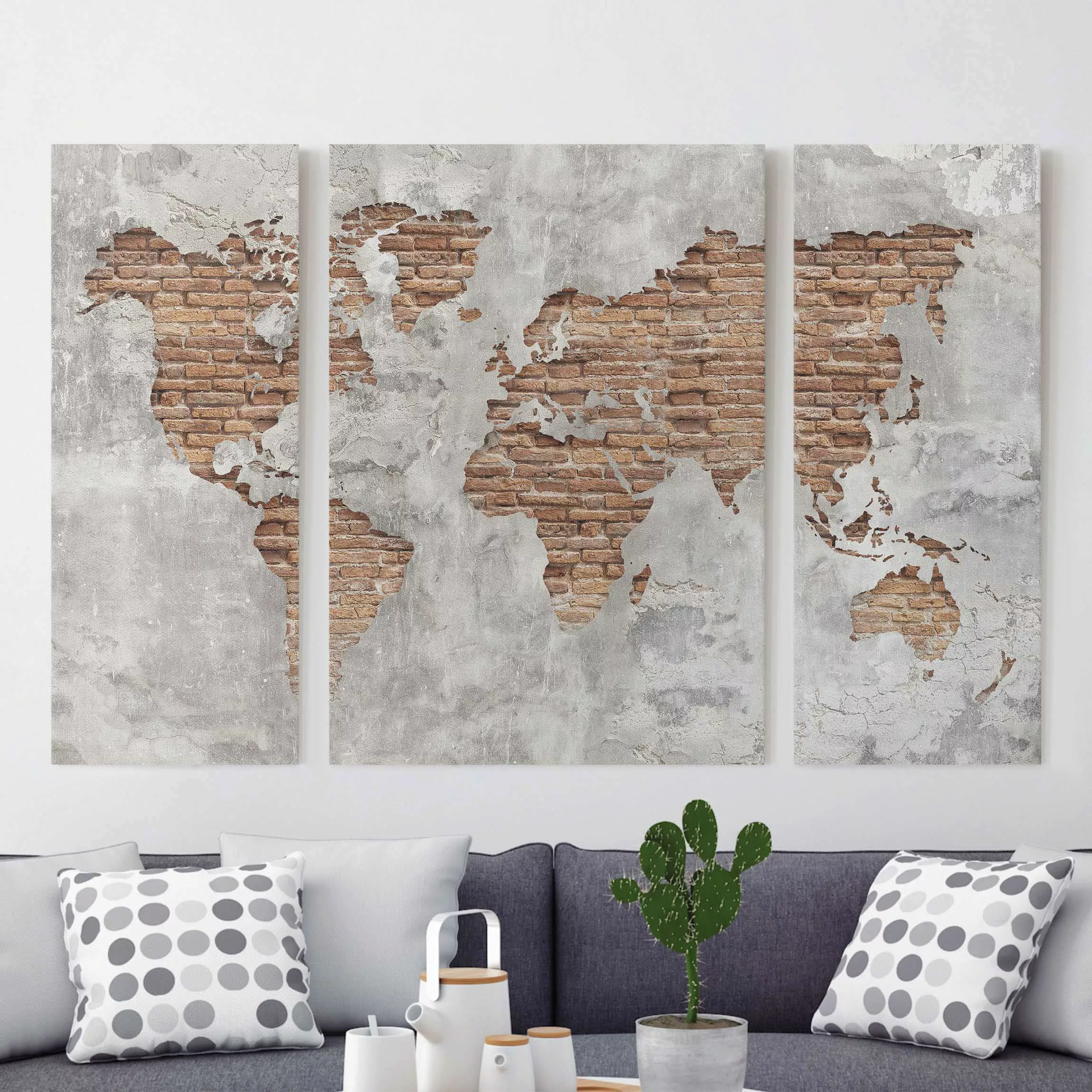 3-teiliges Leinwandbild Weltkarte - Querformat Shabby Beton Backstein Weltk günstig online kaufen
