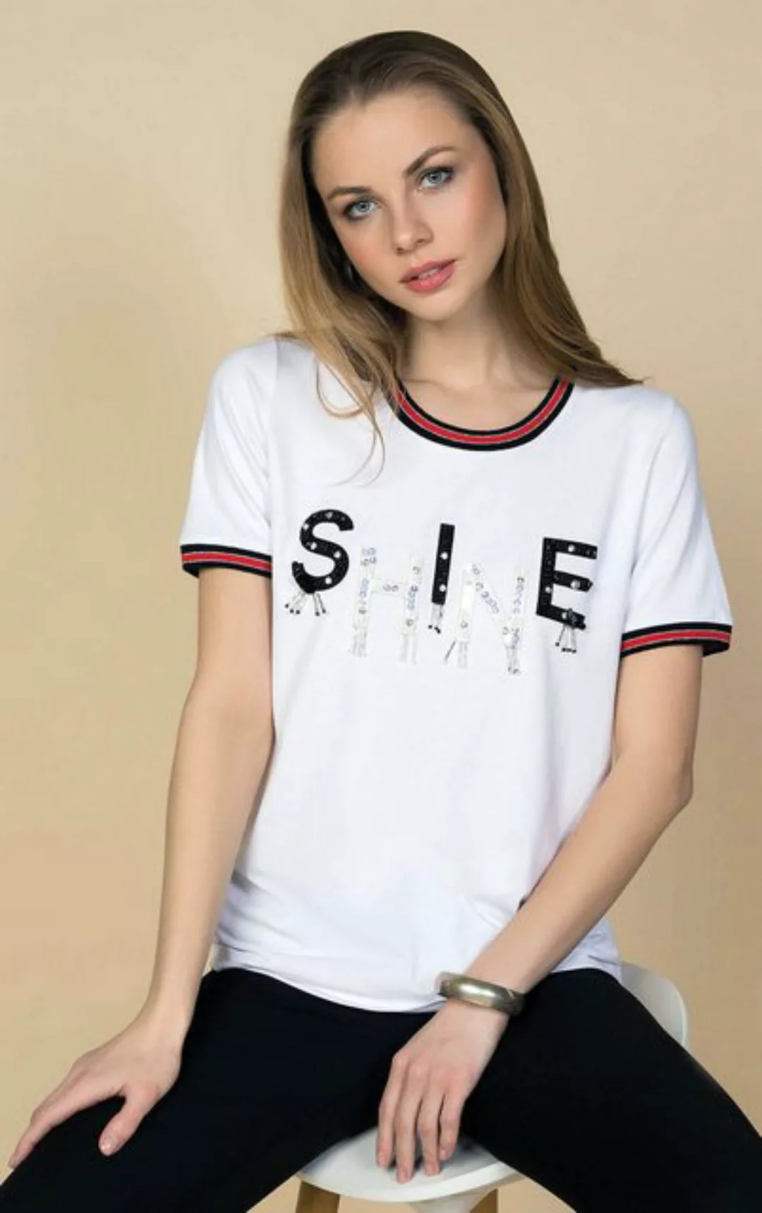 Passioni T-Shirt Print Shirt in Weiß, mit SHINE Schriftzug und Paillettenve günstig online kaufen