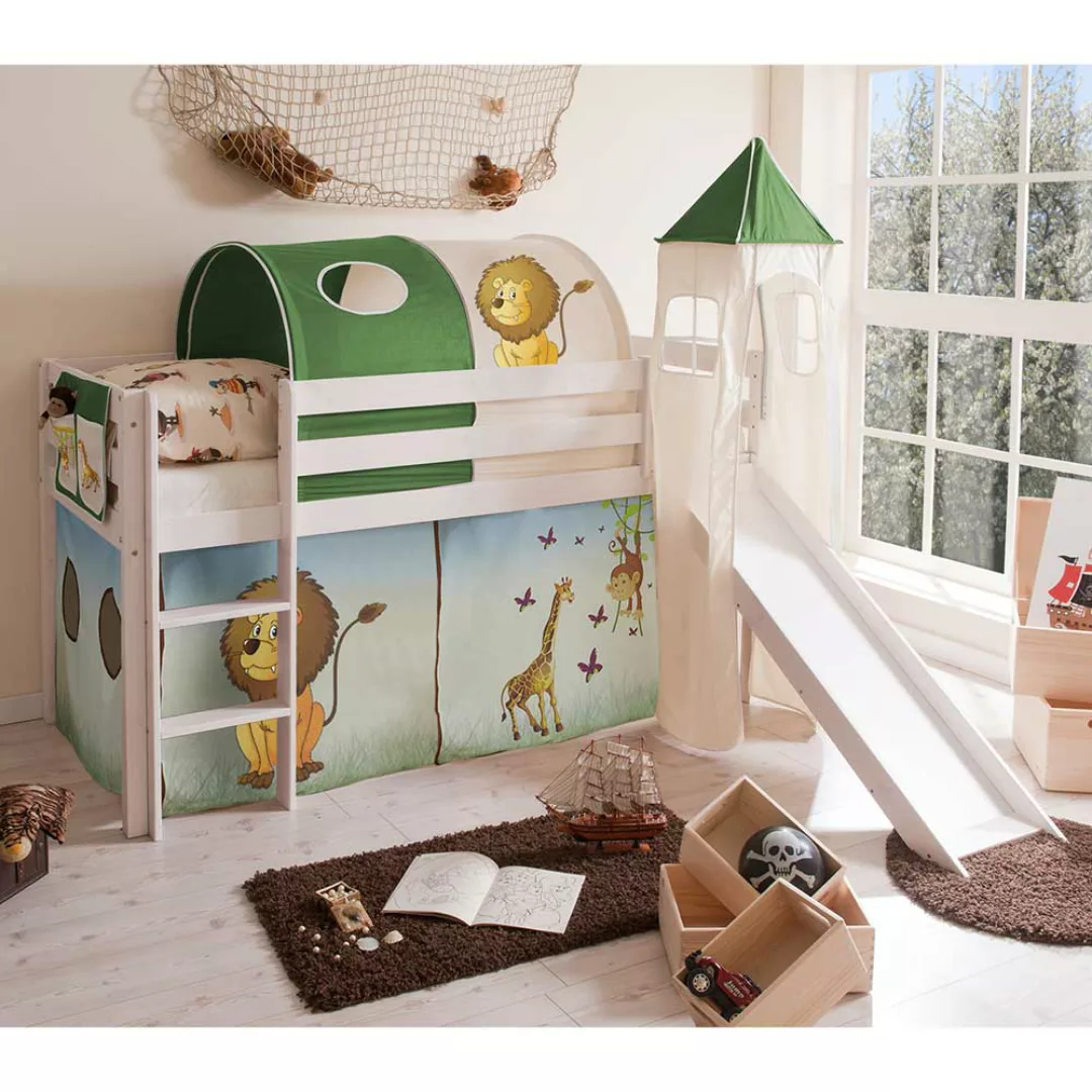 Zootier Design Kinderbett in Weiß Kiefer massiv Rutsche und Tunnel günstig online kaufen