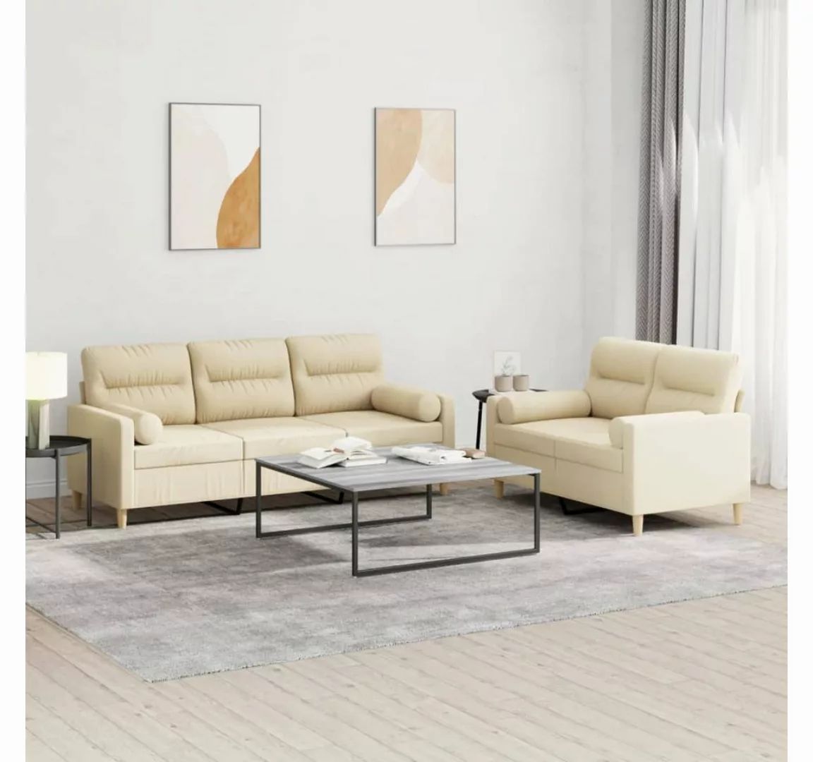 vidaXL Sofa Sofagarnitur Set mit Kissen Stoff, 2-tlg., Creme günstig online kaufen