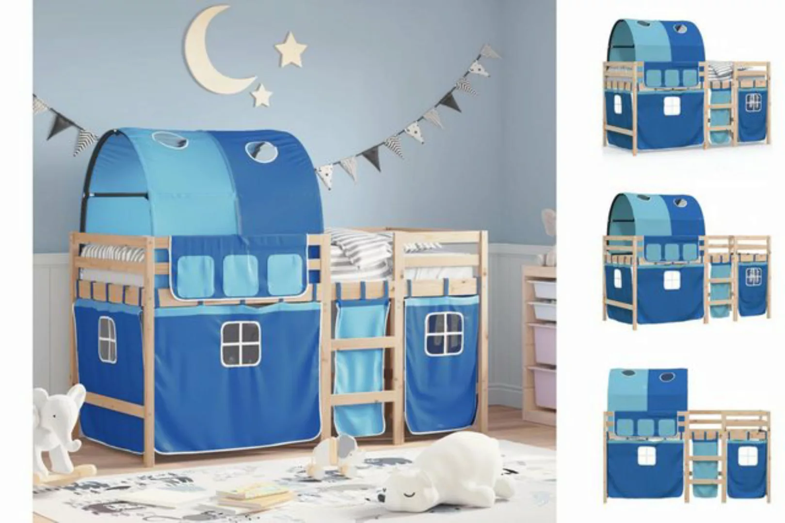 vidaXL Kinderbett Kinderhochbett mit Tunnel Blau 90x200 cm Massivholz Kiefe günstig online kaufen