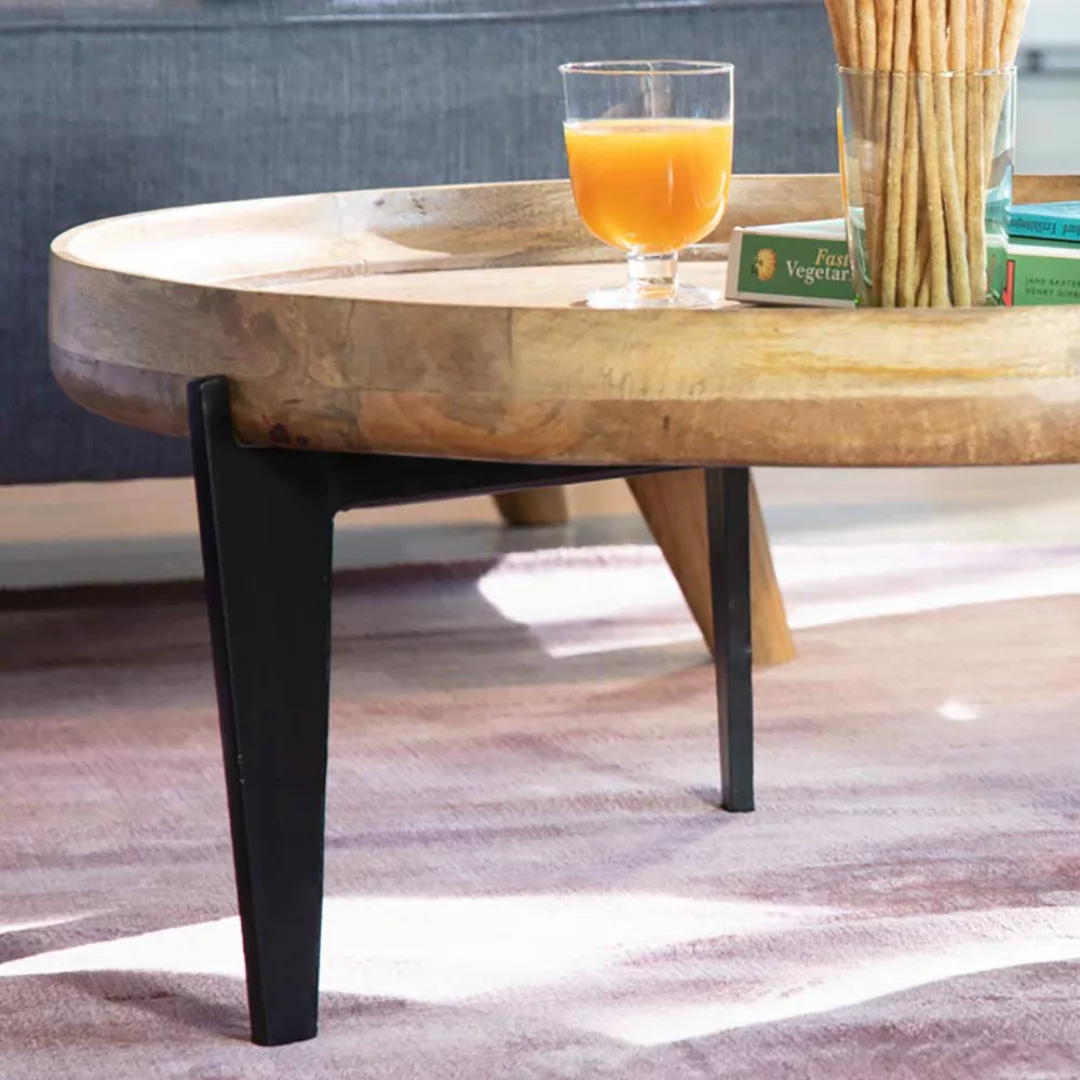 Runder Salontisch mit Massivholzplatte 3-Fußgestell aus Stahl günstig online kaufen