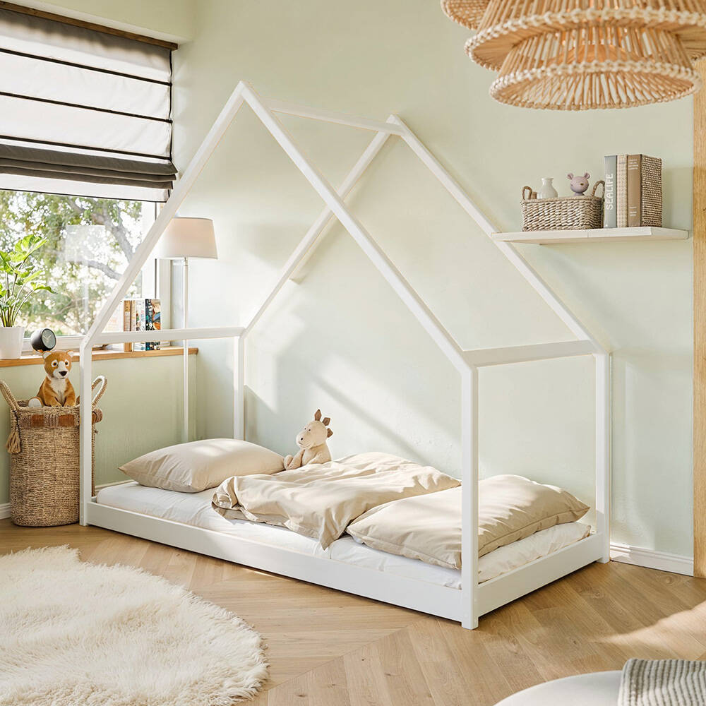 Kinderbett Hausbett 90x200 cm Kiefer weiß KANGRU-162 günstig online kaufen