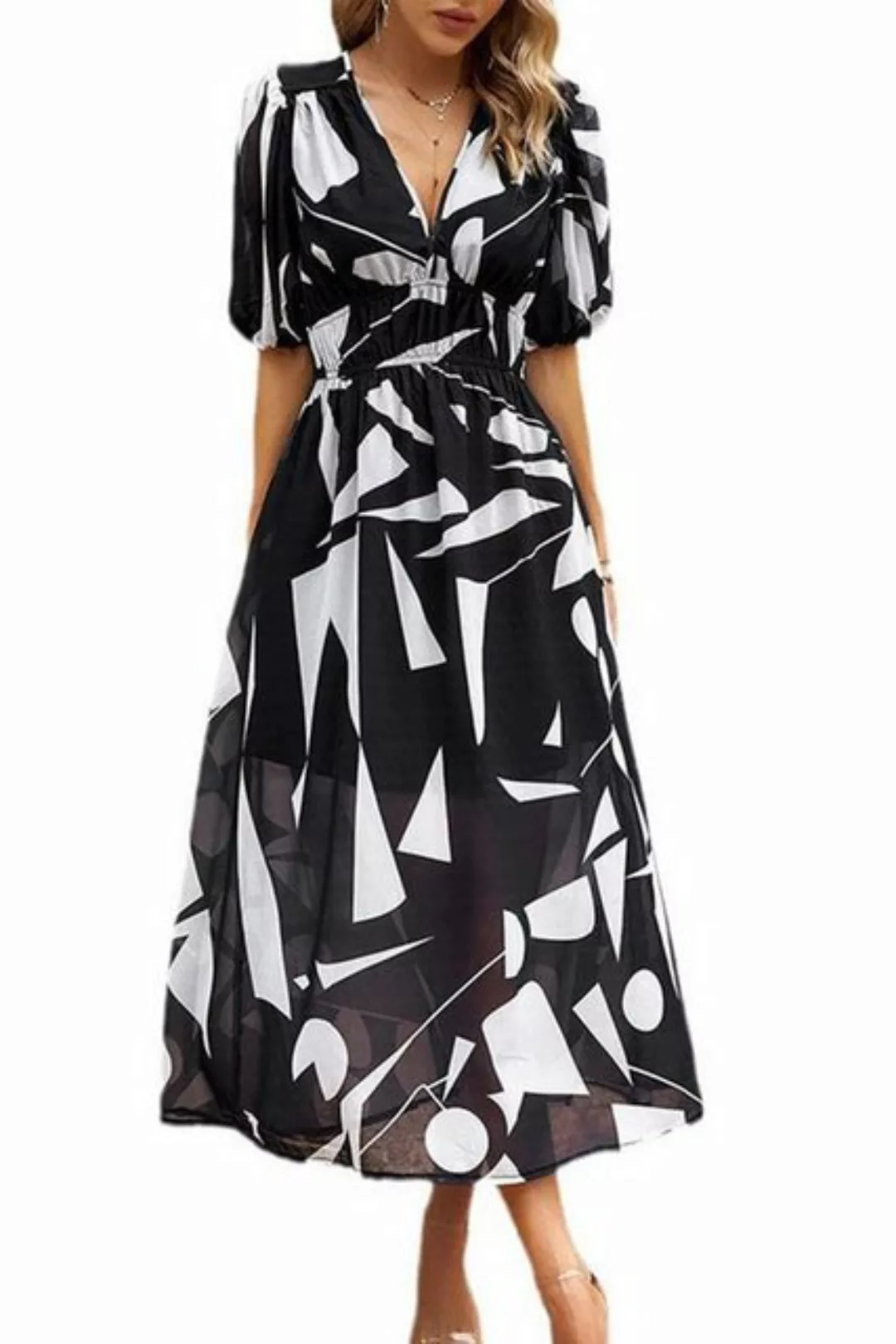 B.X Druckkleid Damen V-Ausschnitt kurze Ärmel lange Kleider plissiert Maxik günstig online kaufen