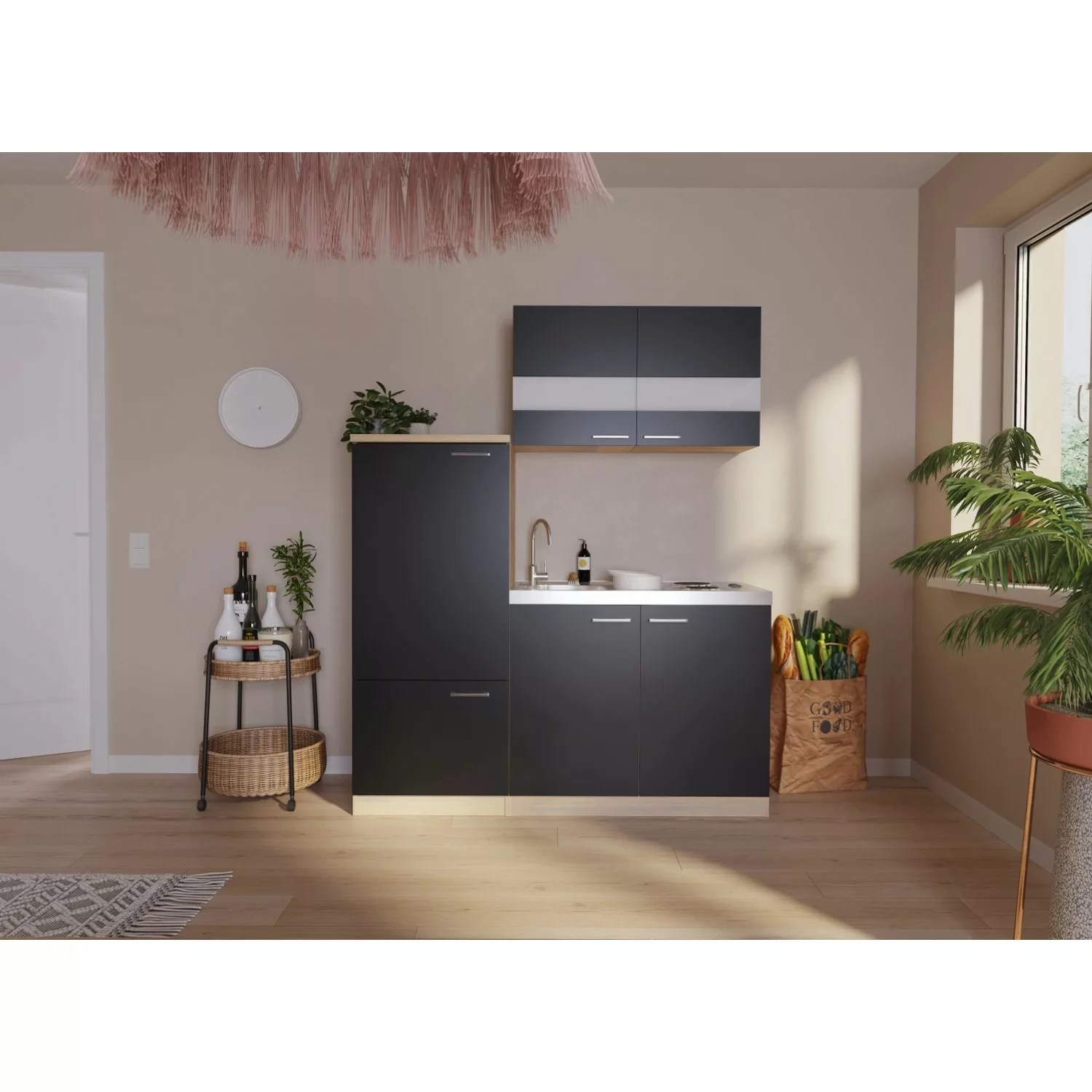 Respekta Miniküche KB160ESS 160 cm Schwarz-Eiche Sonoma Sägerau Nachbildung günstig online kaufen