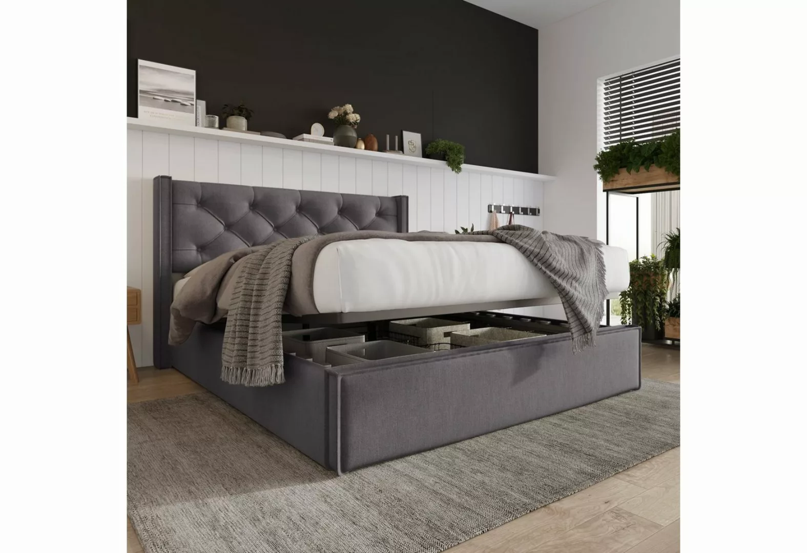 BlingBin Polsterbett Doppelbett Funktionsbett mit Bettkasten 160x200cm Grau günstig online kaufen