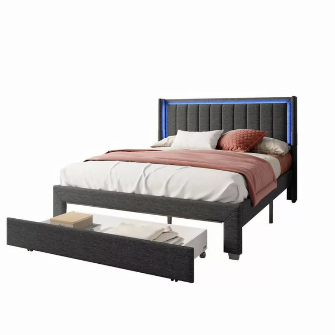 FUROKOY Polsterbett Funktionsbett Doppelbett LED Licht, 140x200 cm, mit Sta günstig online kaufen