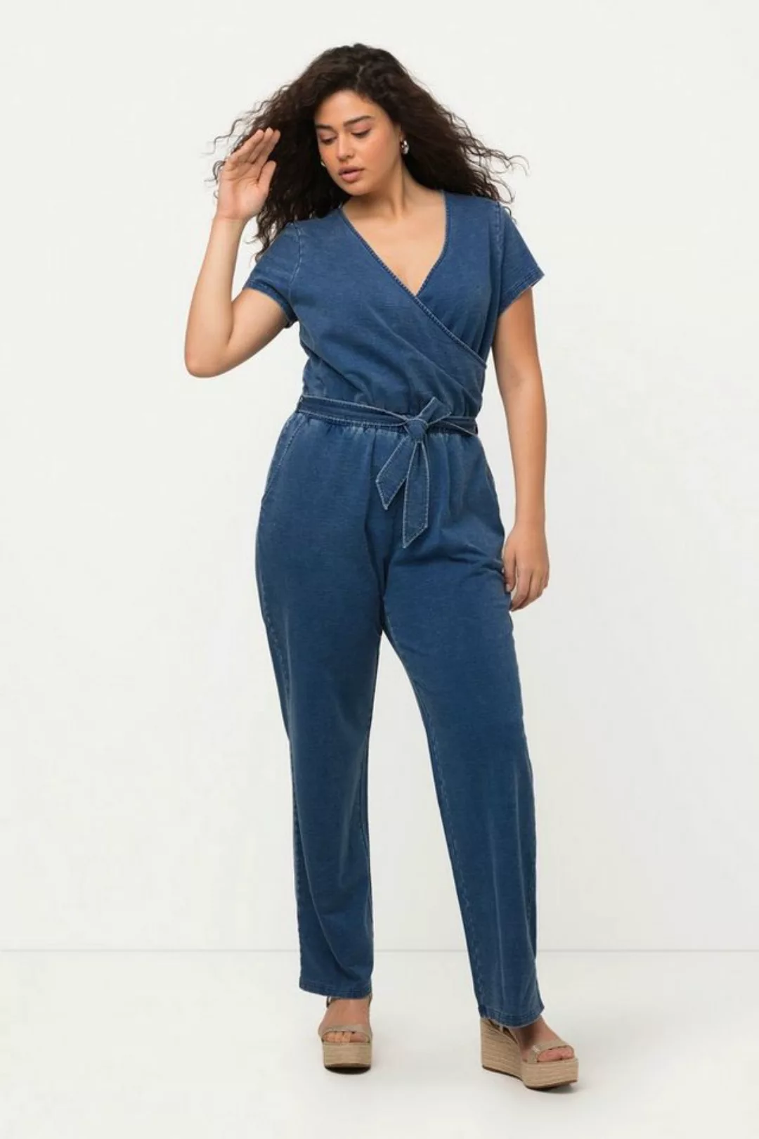 Ulla Popken Culotte Jeans-Jumpsuit weites Bein V-Ausschnitt Halbarm günstig online kaufen