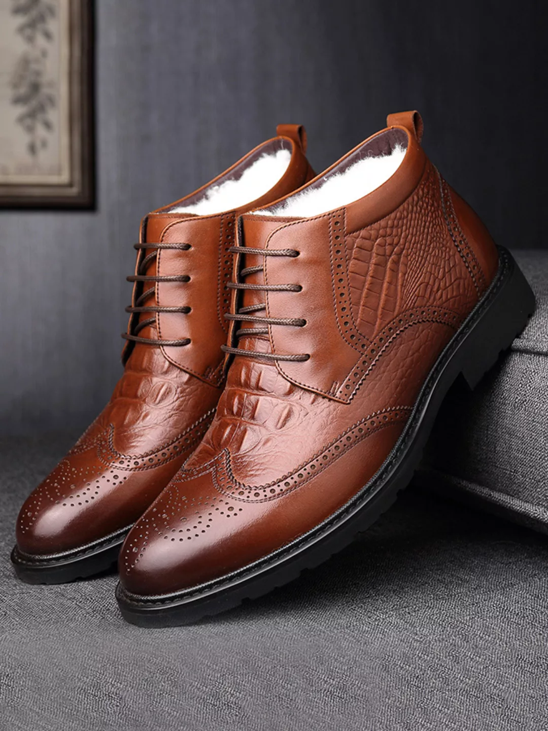 Herren Brogue Krokodilmuster Warmes Futter Lace Up Knöchel Leder Stiefel günstig online kaufen