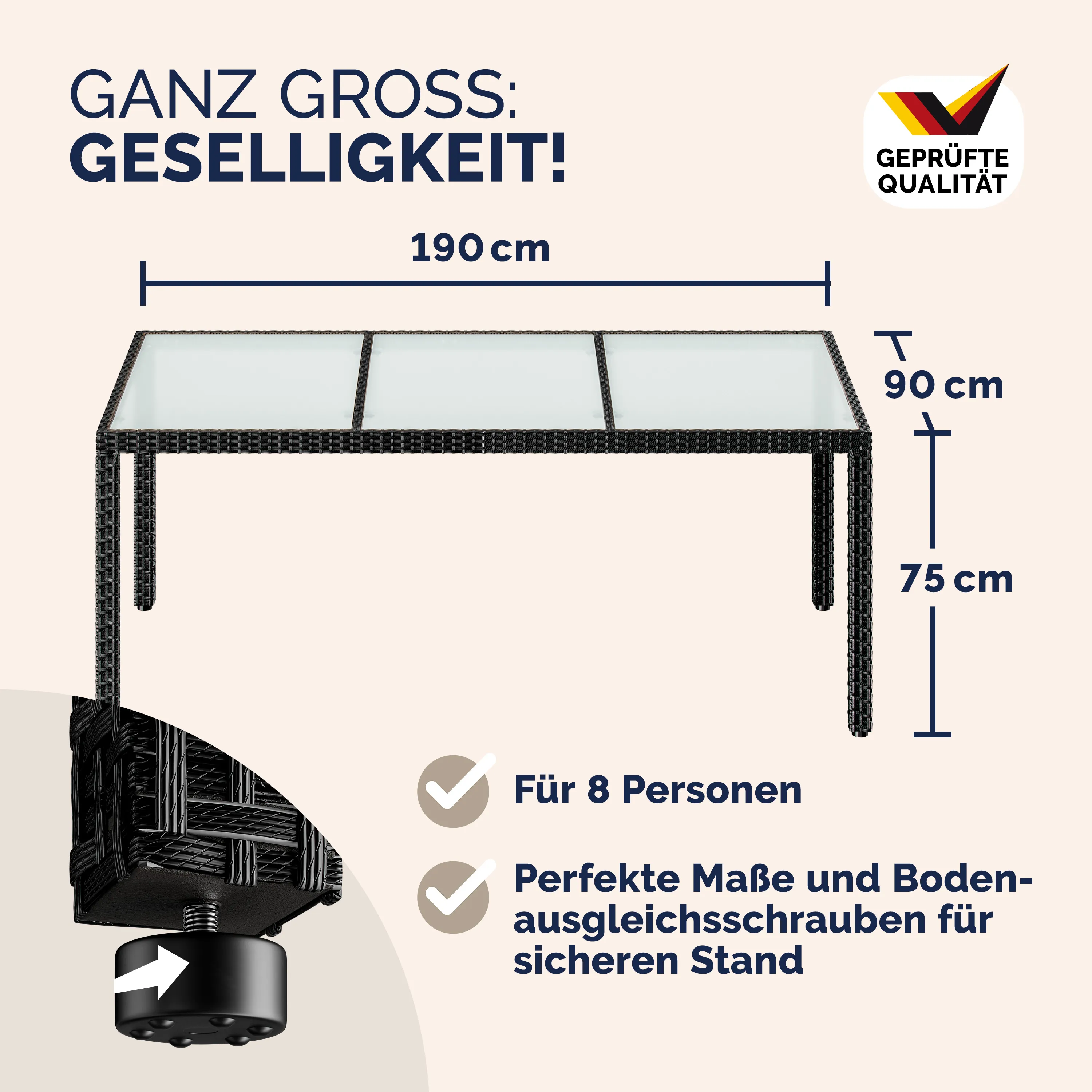 Casaria Gartentisch, Wetterfest 190x90cm Polyrattan Höhenverstellbar günstig online kaufen