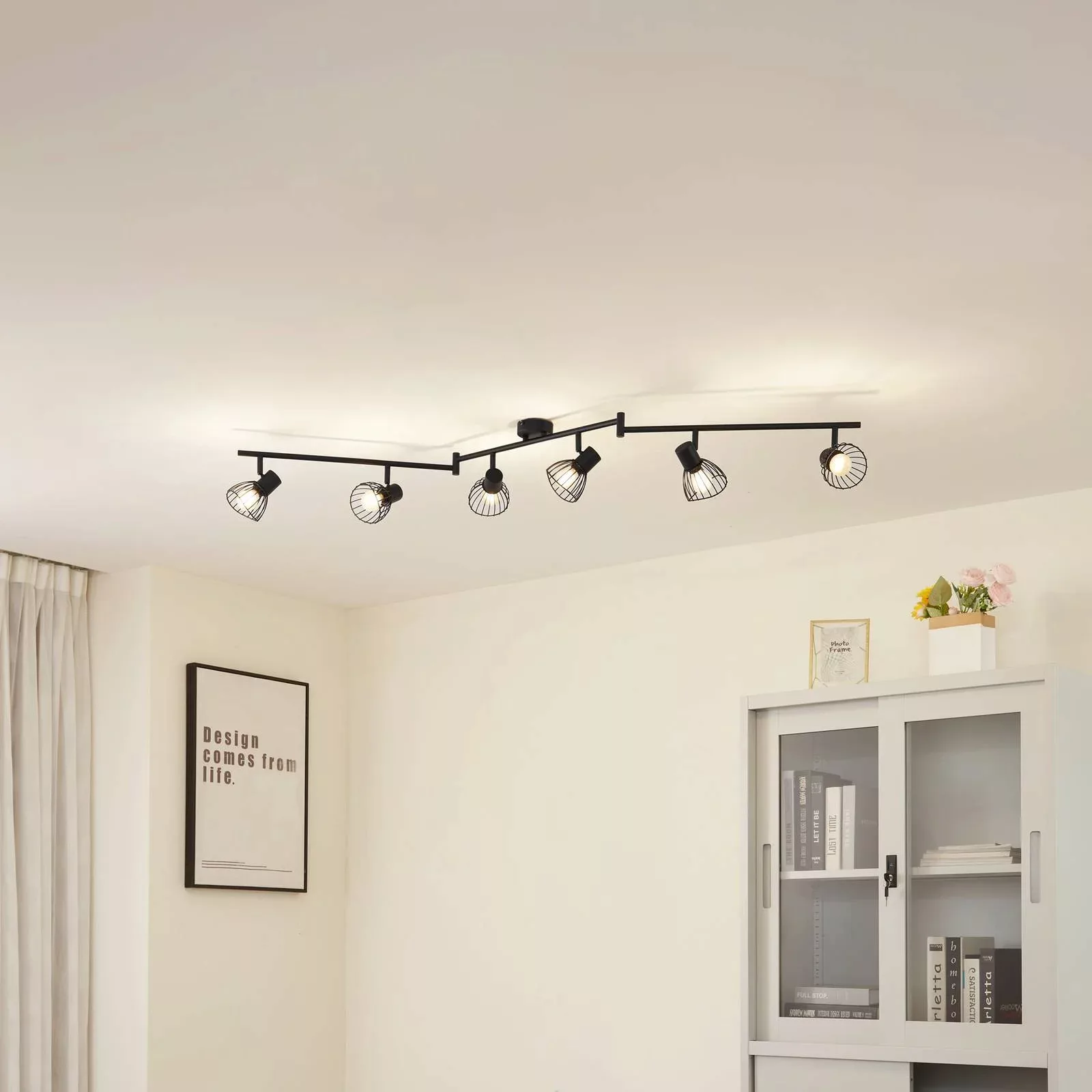 Lindby Deckenleuchte Piena, schwarz, 6-flg., Metall, 150cm günstig online kaufen