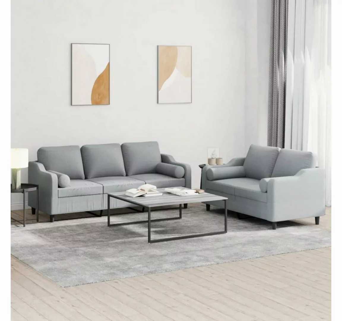 vidaXL Sofa Sofagarnitur Set mit Kissen Stoff, 2-tlg., Hellgrau günstig online kaufen