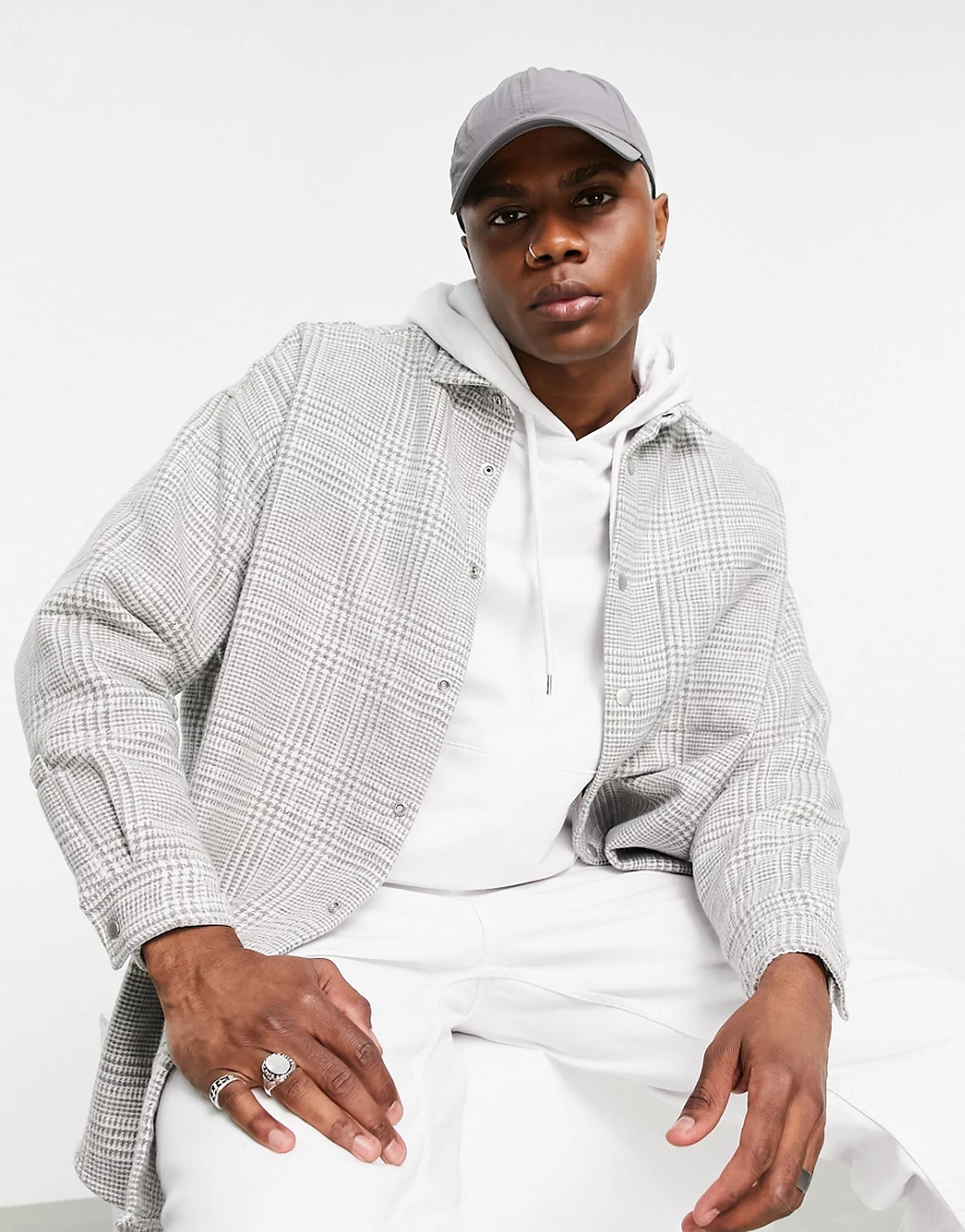 ASOS DESIGN – Grau karierte Super-Oversize-Hemdjacke aus Wolle günstig online kaufen