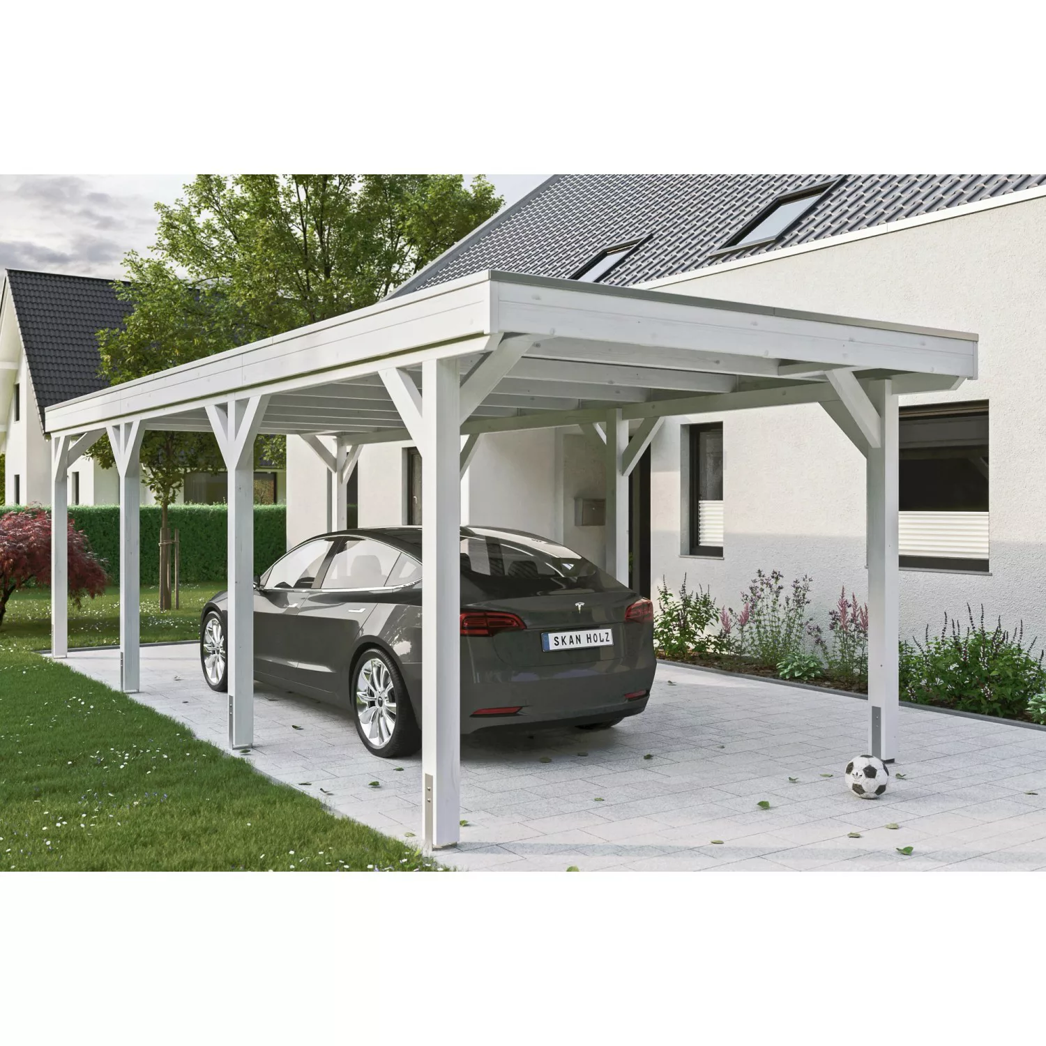 Skan Holz Carport Grunewald 321 cm x 796 cm mit Aluminiumdach Weiß günstig online kaufen