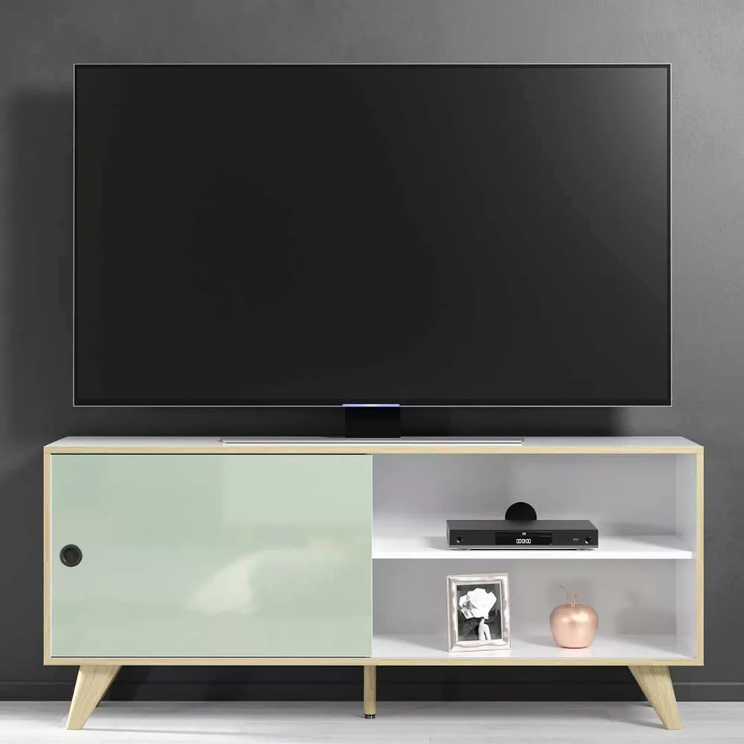 Skandi Stil TV Möbel in Weiß und Mintgrün Hochglanz 145 cm breit günstig online kaufen