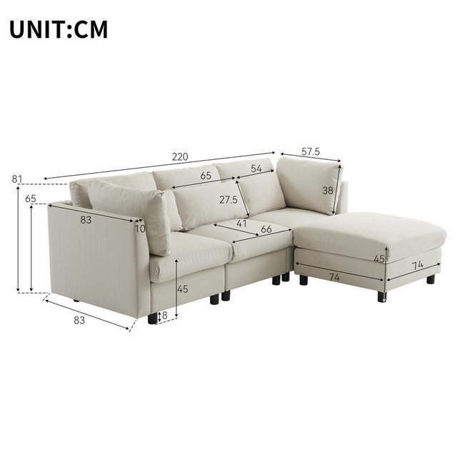 SeedWave Sofa L-förmiges 3-Sitzer-Sofa mit abnehmbare Fußhocker und Lendenk günstig online kaufen