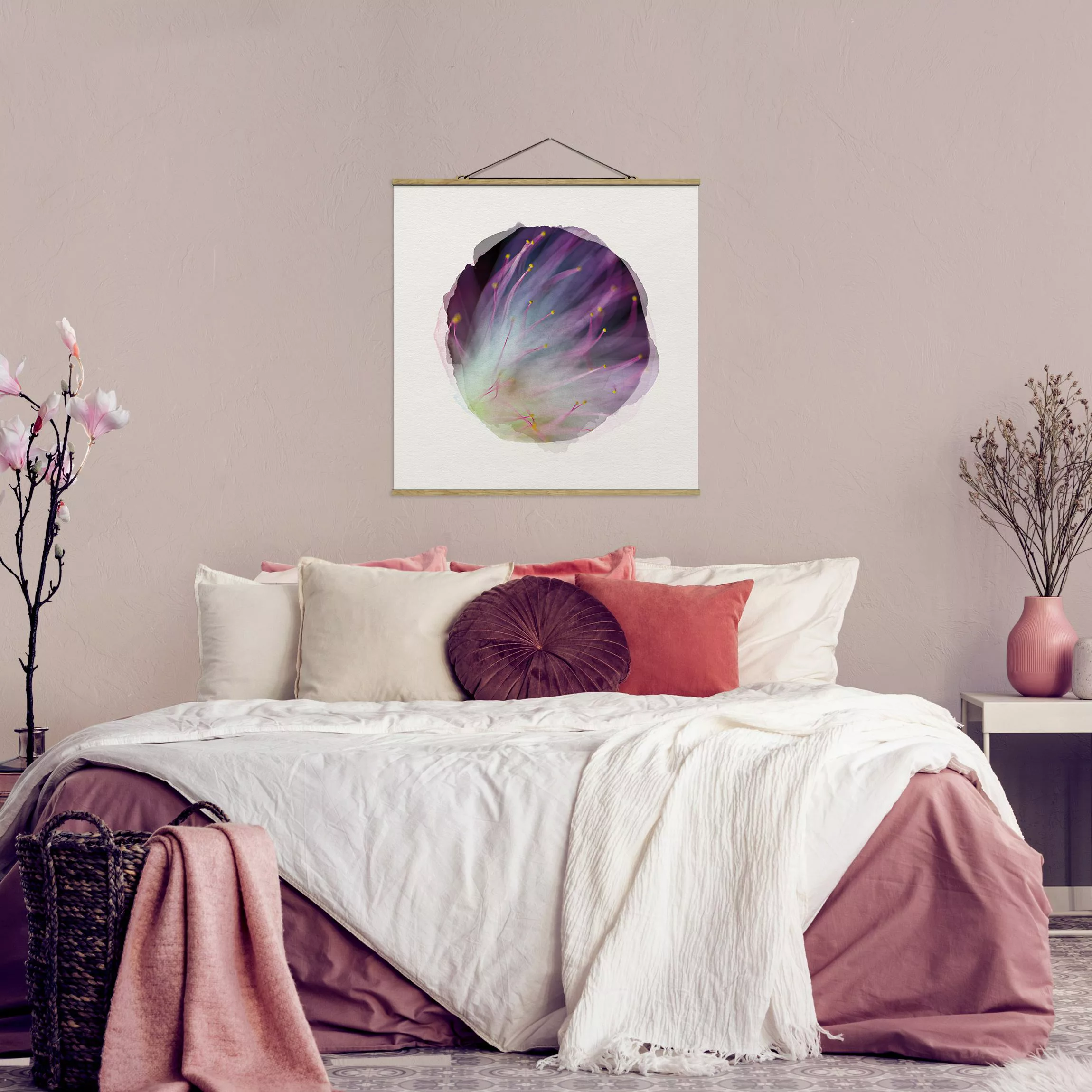 Stoffbild Blumen mit Posterleisten - Quadrat Wasserfarben - Blütenstaub günstig online kaufen