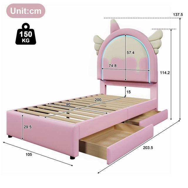 Flieks Polsterbett, Einhornform Kinderbett Einzelbett 90x200cm mit 2 Schubl günstig online kaufen