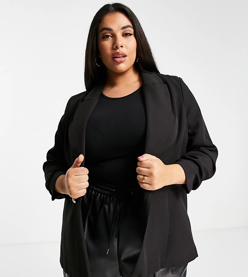 River Island Plus – Blazer in Schwarz mit gerafften Ärmeln günstig online kaufen