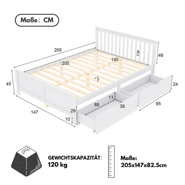 SeedWave Massivholzbett 140x200 cm Doppelbett mit 2 Schubladen, Massivholzr günstig online kaufen