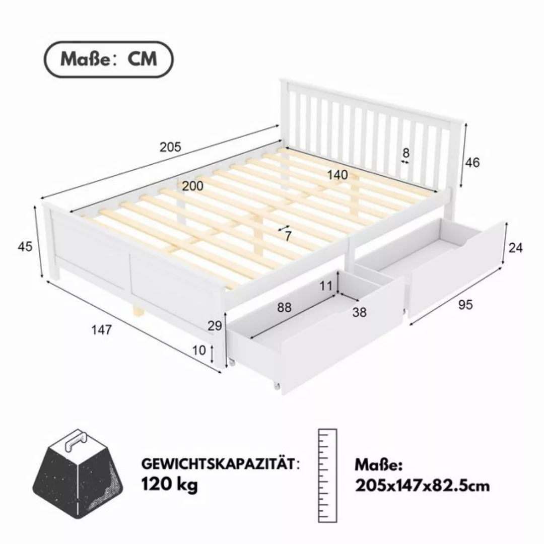 SeedWave Massivholzbett 140x200 cm Doppelbett mit 2 Schubladen, Massivholzr günstig online kaufen