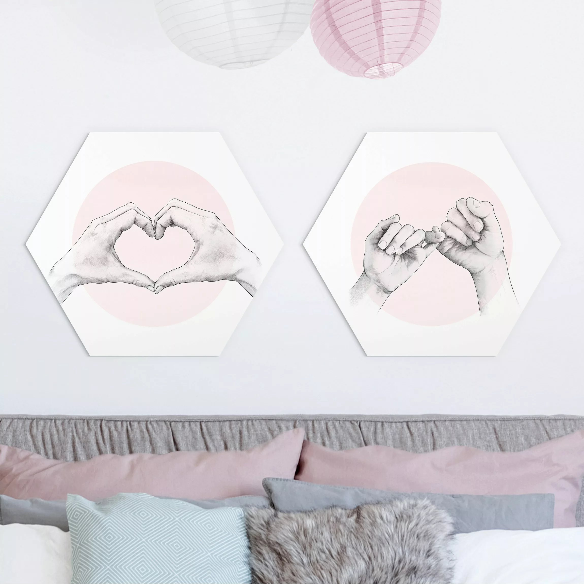 2-teiliges Hexagon-Alu-Dibond Bild Handzeichnungen auf Rosa günstig online kaufen