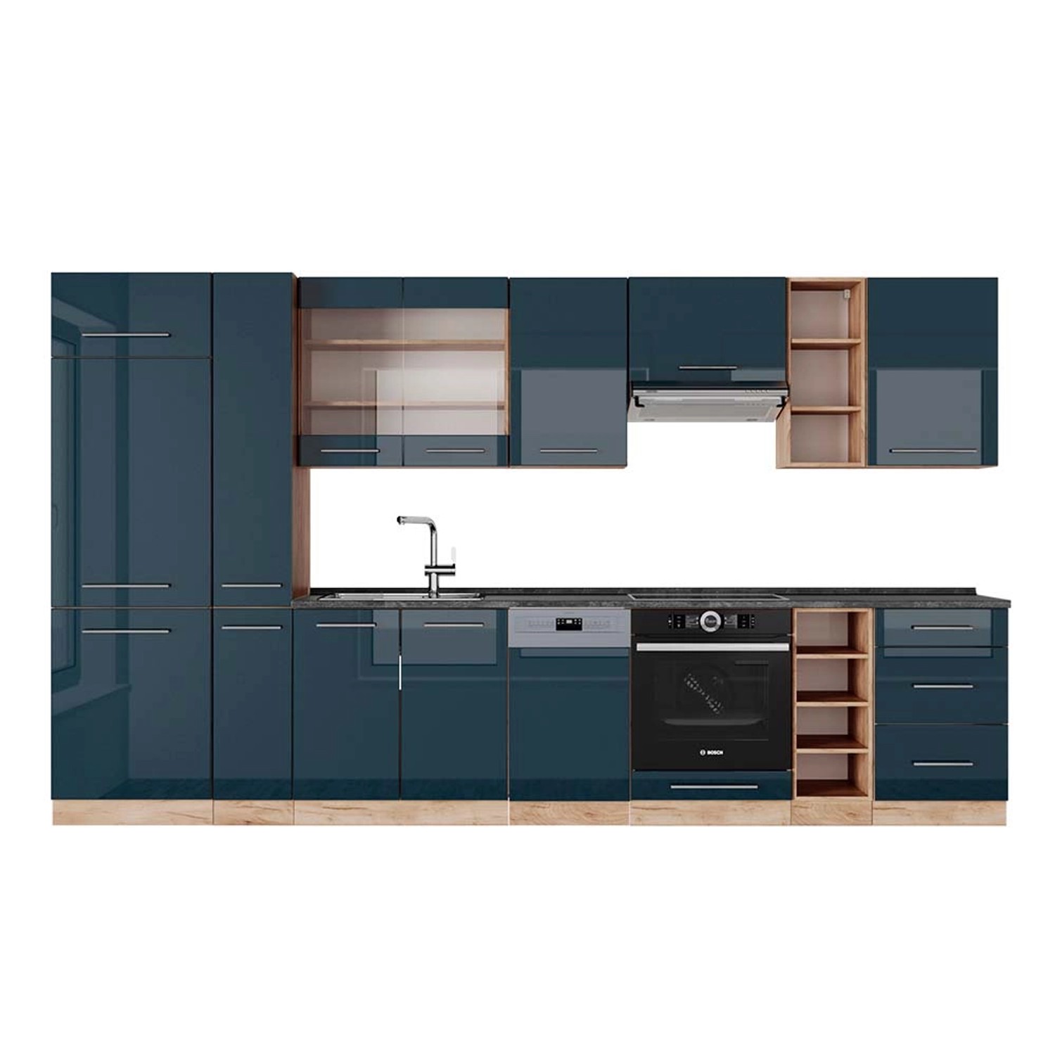 Vicco Winkelküche R-Line, Schwarz Hochglanz/Goldkraft Eiche, günstig online kaufen