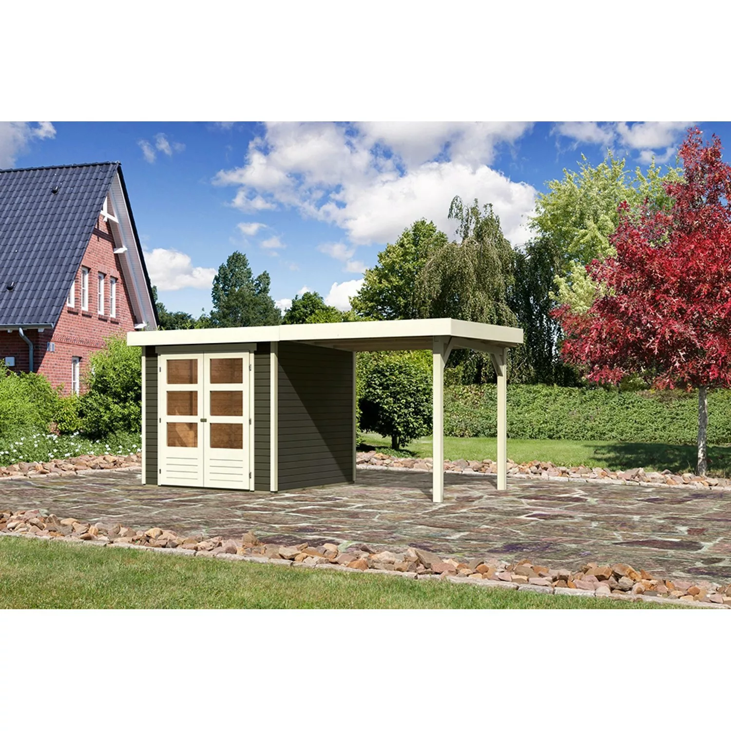 Karibu Holz-Gartenhaus/Gerätehaus Raala Terragrau Pultdach Lackiert 209 cm günstig online kaufen