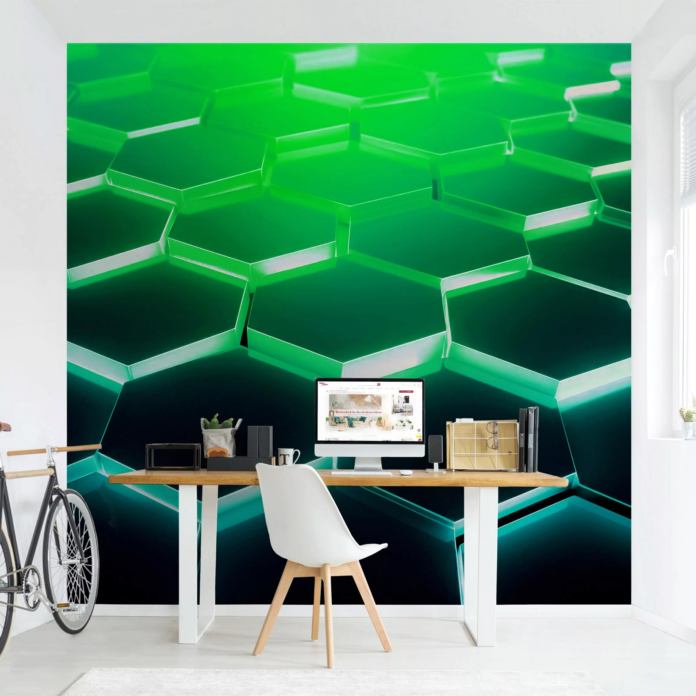 Fototapete Hexagone mit Neonlicht in Grün und Türkis günstig online kaufen