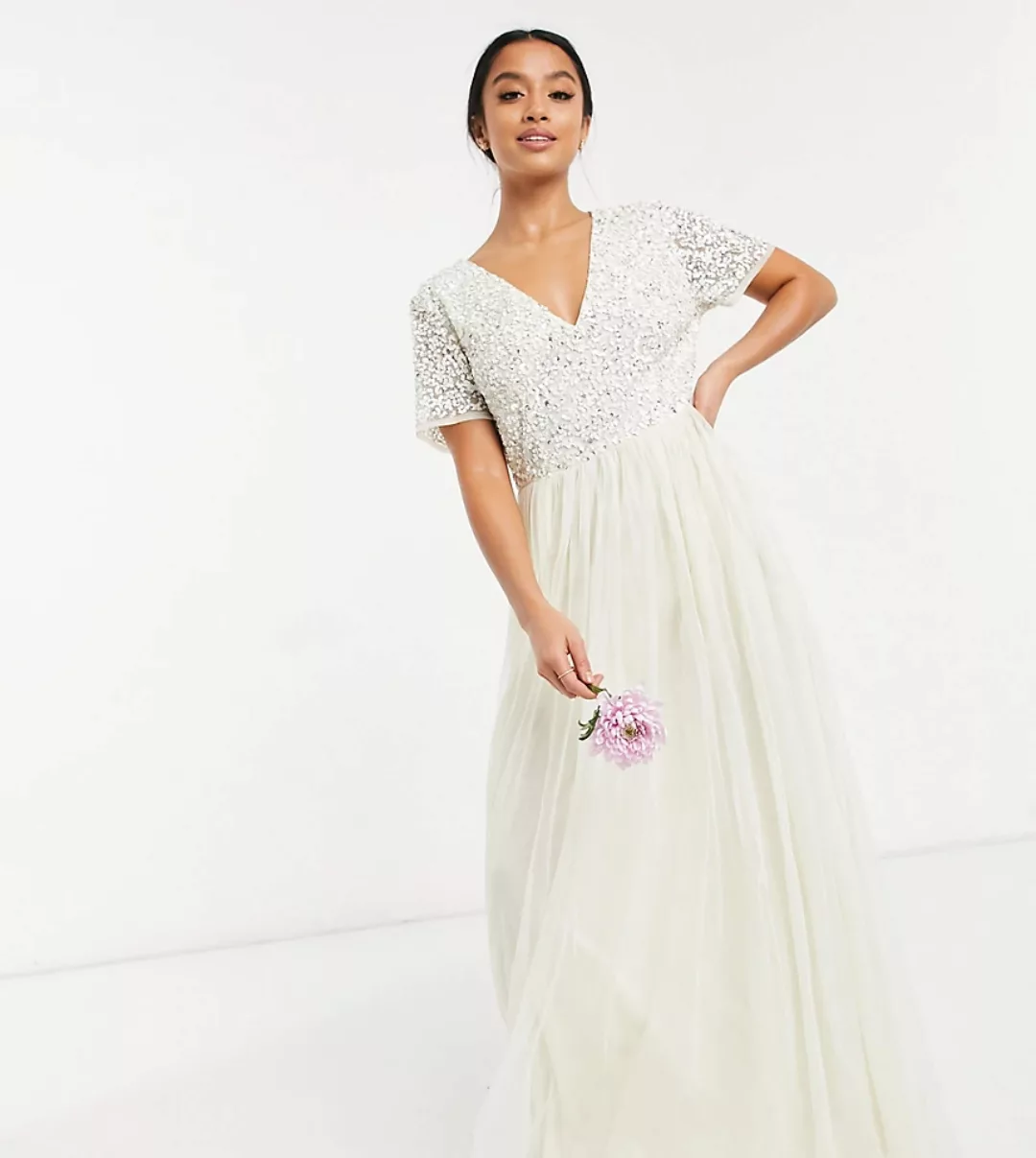 Maya Petite – Bridal – Maxikleid mit V-Ausschnitt, Tüll und farblich abgest günstig online kaufen