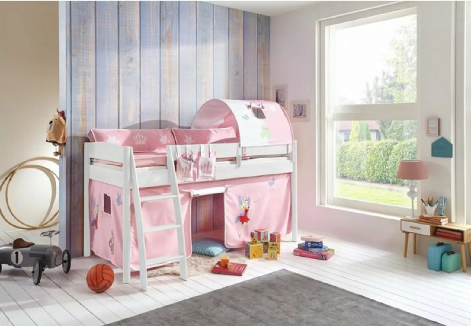 Natur24 Kinderbett Halbhohes Einzelbett Mischelle Buche lackiert 90x200cm günstig online kaufen