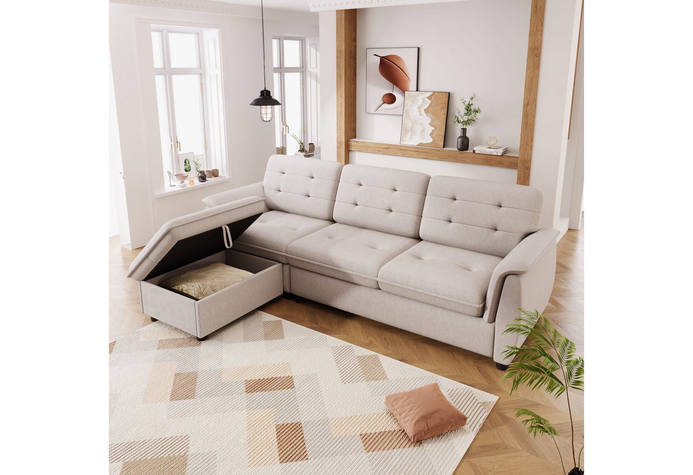 MODFU Ecksofa 3-Sitzer mit Hocker, L-förmig Sofagarnitur, Loungesofa, mit O günstig online kaufen