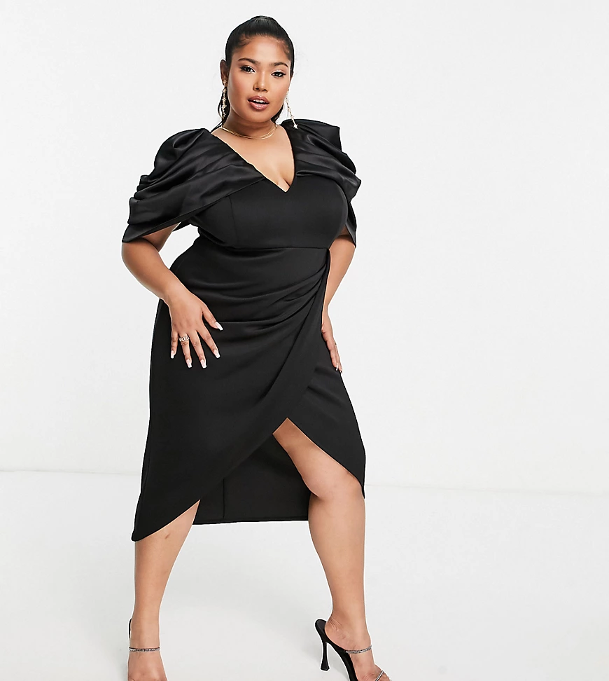 ASOS DESIGN Curve – Midi-Wickelkleid aus Satin in Schwarz mit drapierten Är günstig online kaufen