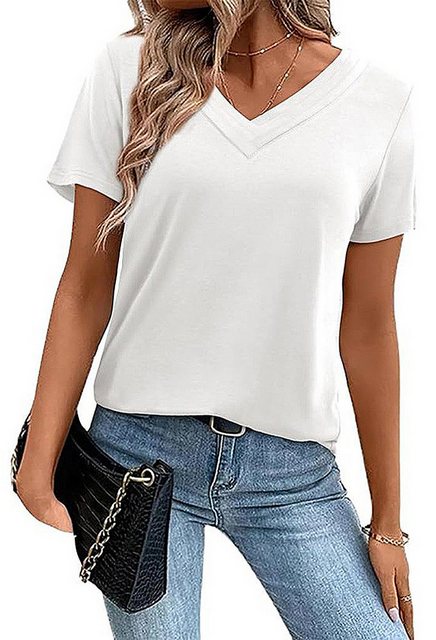 CHENIN T-Shirt Damen Sommer Kurzarm Oberteile V-Ausschnitt Einfarbig Basic günstig online kaufen