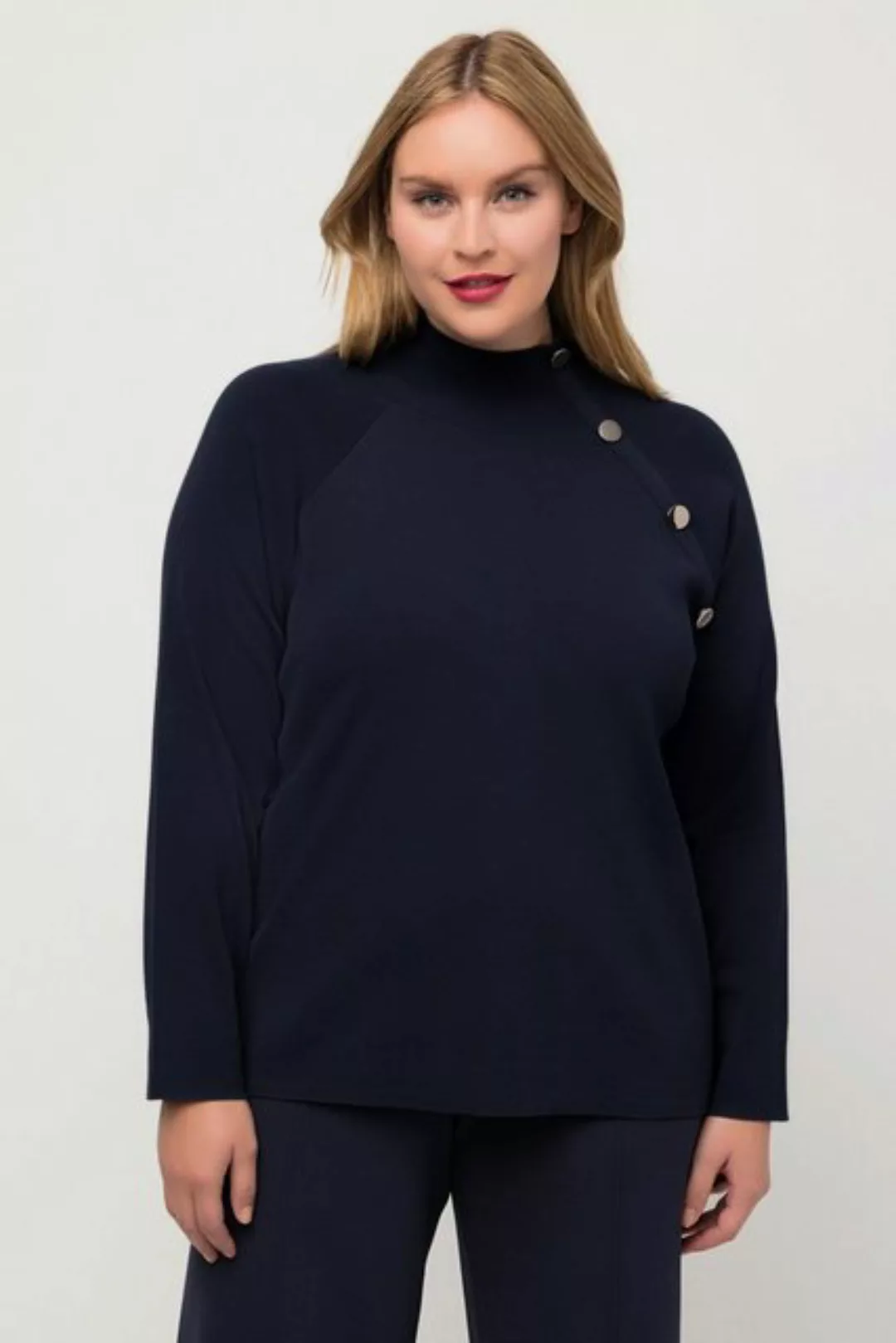 Ulla Popken Strickpullover Pullover Rippstrick Stehkragen Zierknöpfe Langar günstig online kaufen