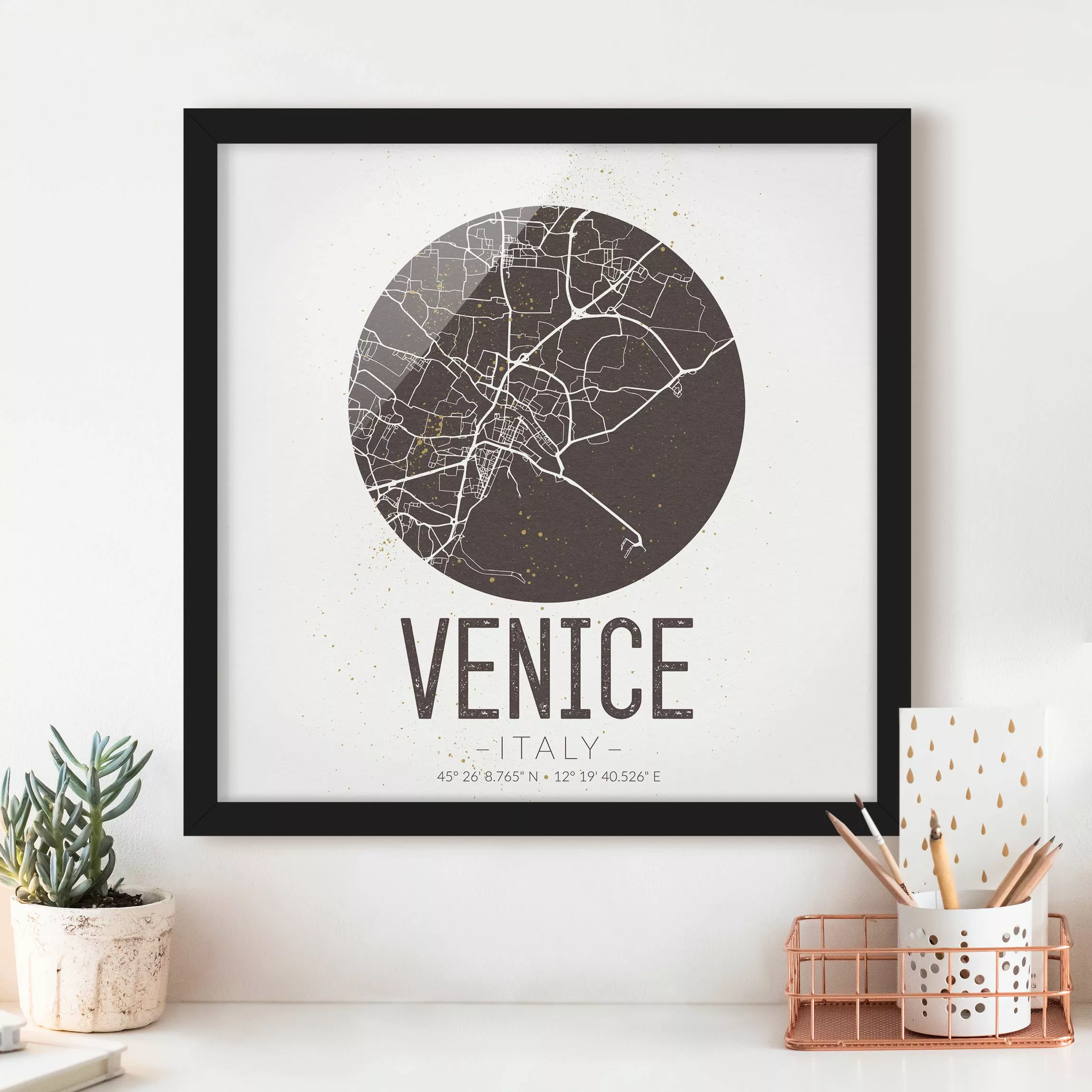 Bild mit Rahmen Stadt-, Land- & Weltkarte - Quadrat Stadtplan Venice - Retr günstig online kaufen