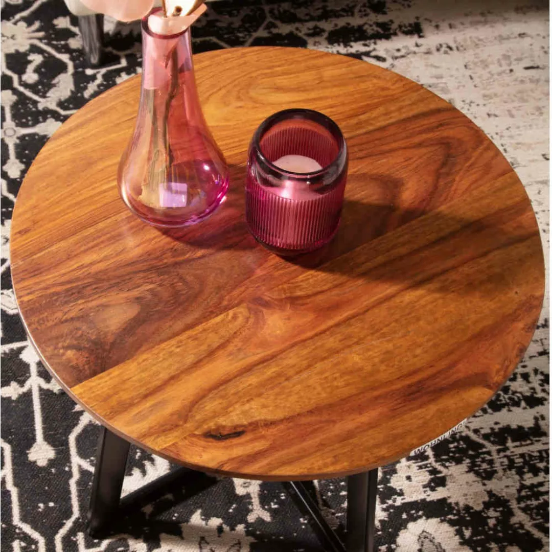 Runder Beistelltisch Sofa aus Sheesham Massivholz Bügelgestell günstig online kaufen