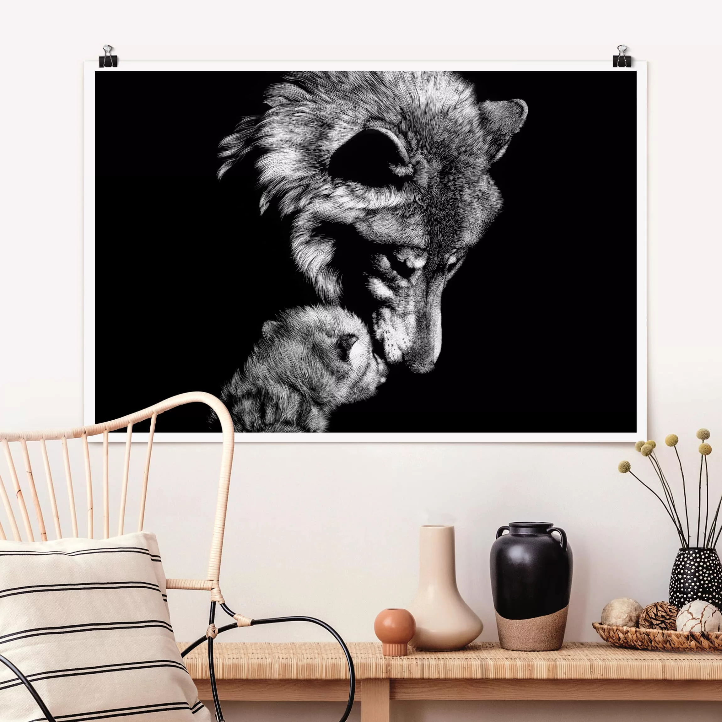 Poster Tiere - Querformat Wolf vor Schwarz günstig online kaufen