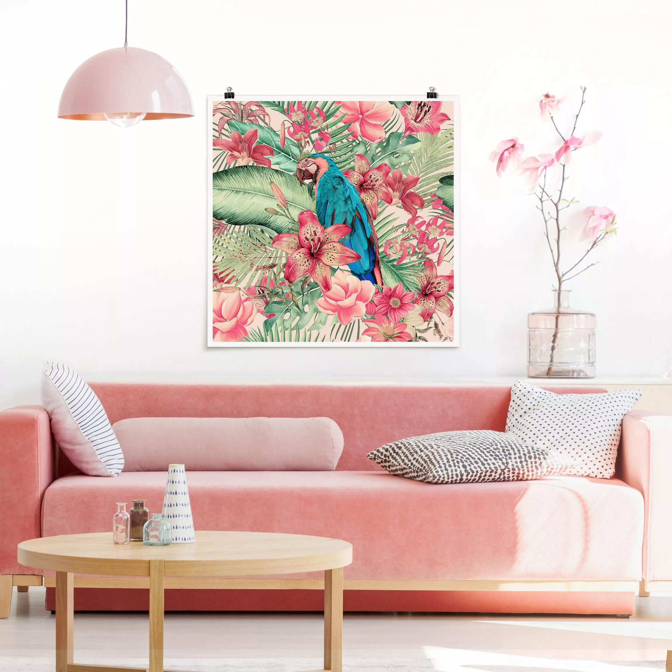 Poster Blumenparadies tropischer Papagei günstig online kaufen