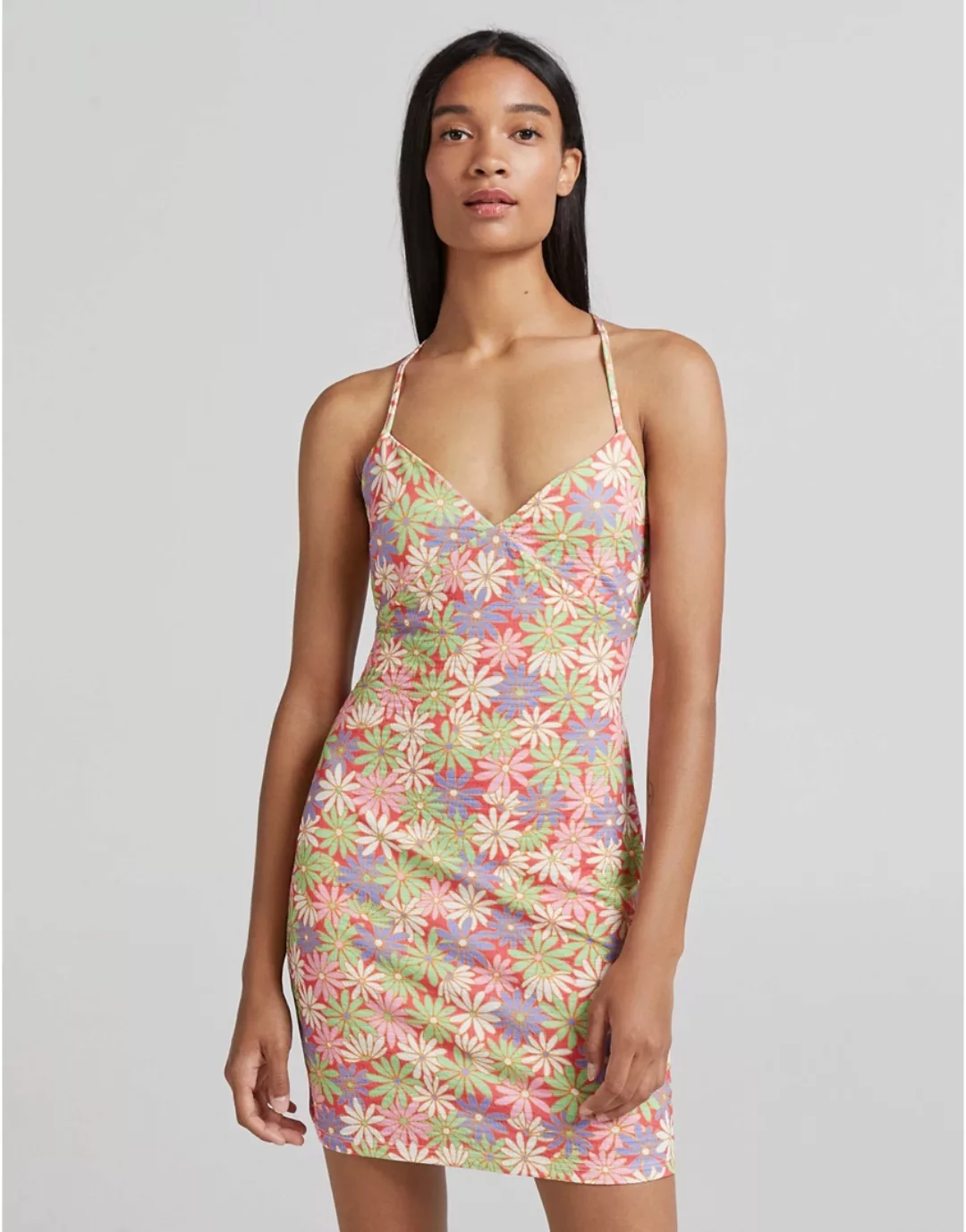 Bershka – Riemchenkleid mit Retro-Blumenmuster-Mehrfarbig günstig online kaufen