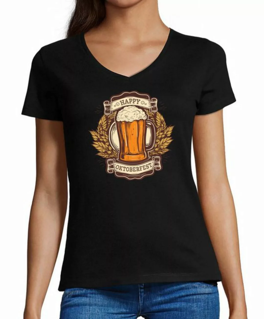 MyDesign24 T-Shirt Damen Oktoberfest T-Shirt - Happy Oktoberfest V-Ausschni günstig online kaufen