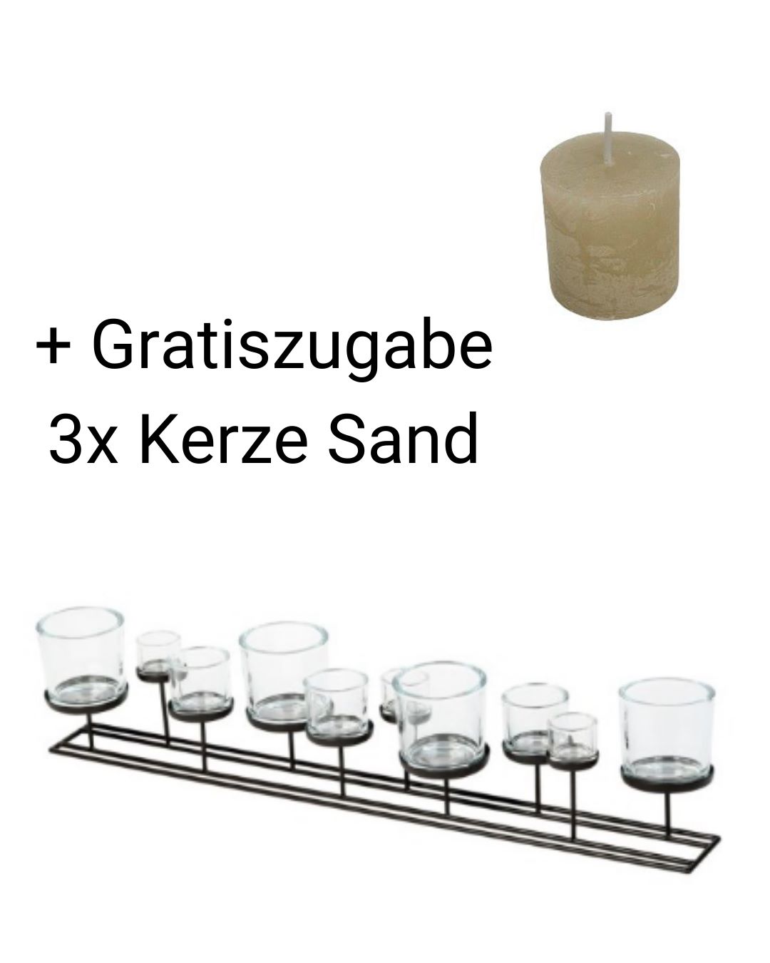 Lincoln - Eisenwindlicht 100 cm mit 10 Gläsern + Gratiszugabe 3x Kerze Sand günstig online kaufen