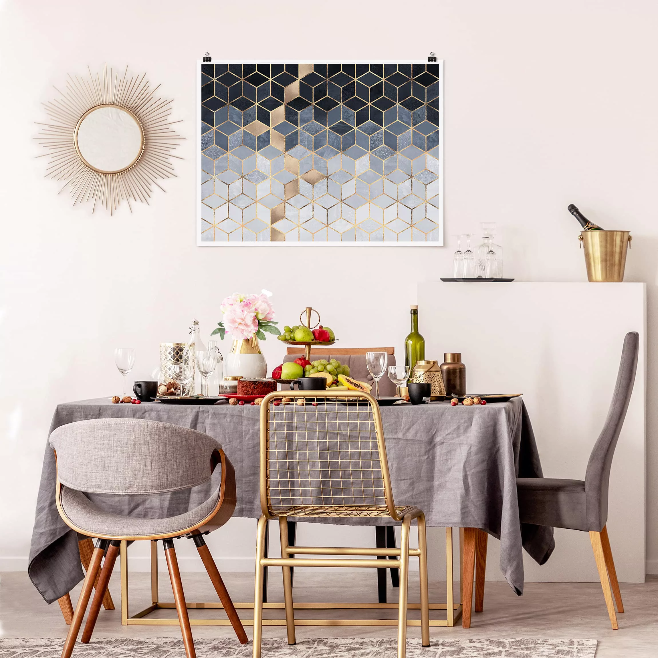 Poster Abstrakt - Querformat Blau Weiß goldene Geometrie günstig online kaufen