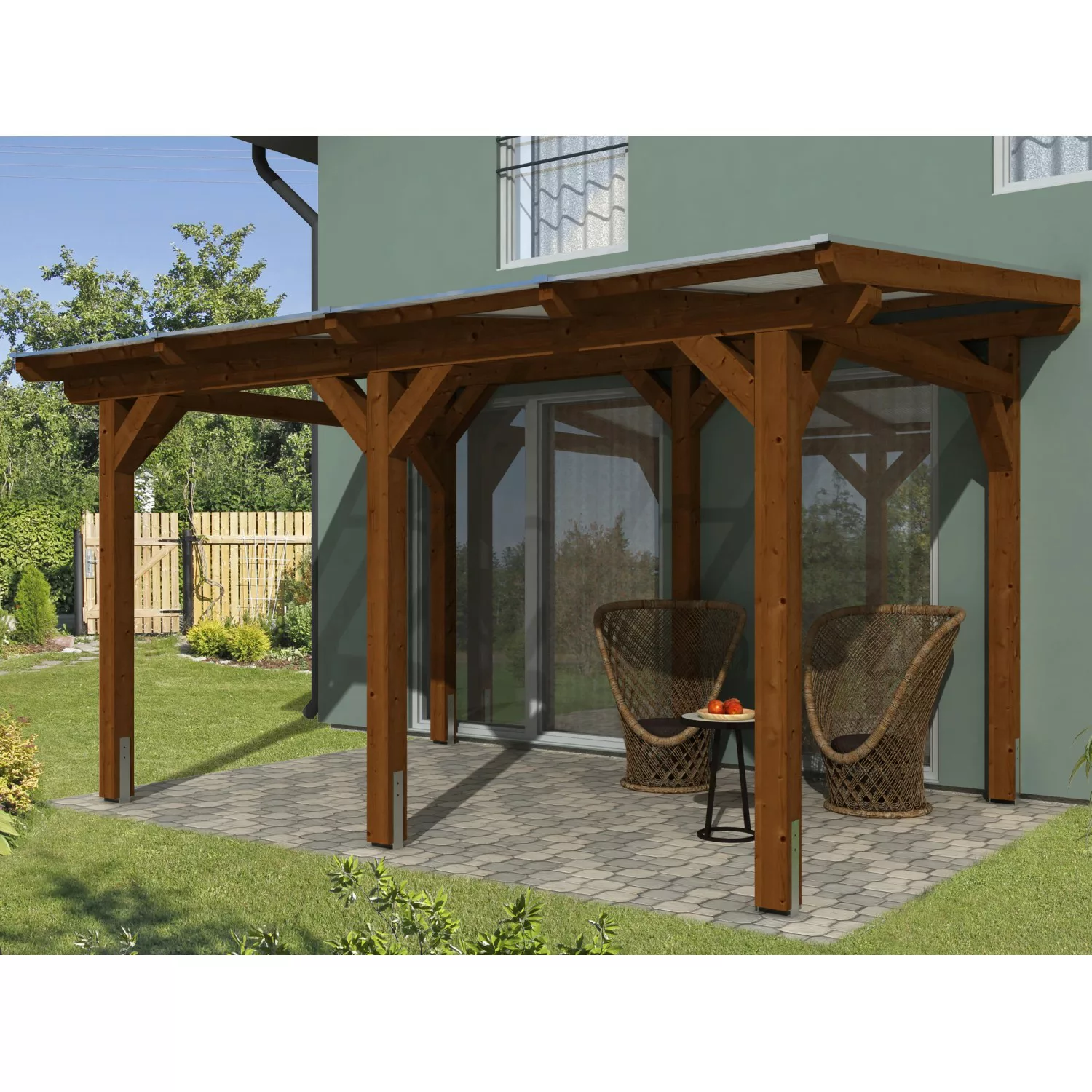 Skan Holz Terrassenüberdachung Siena 434 x 350 cm Leimholz Nussbaum günstig online kaufen